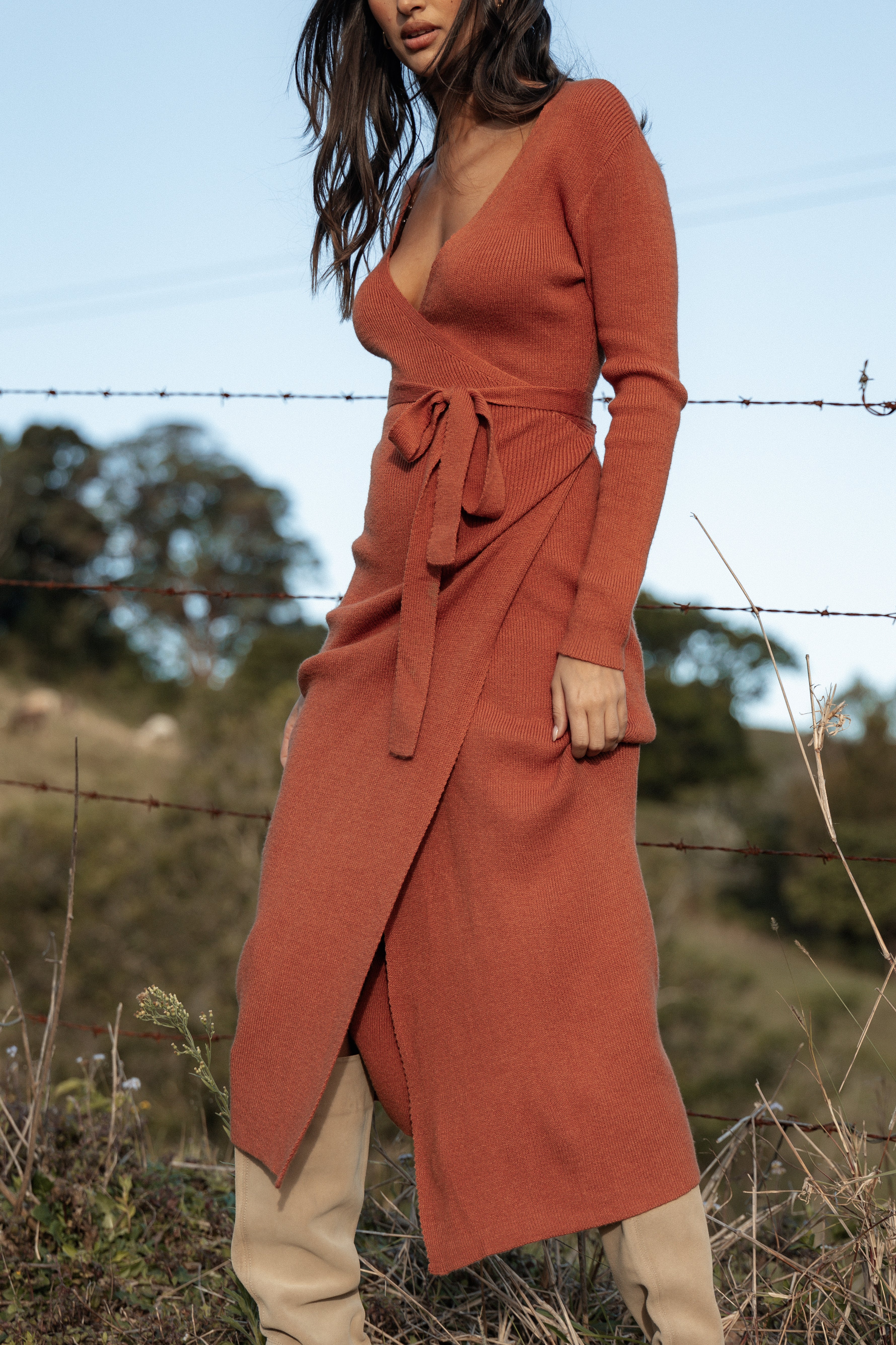 Kellan Wrap Midi Dress in Bronze - Elegant & Flattering Women's Summer Dress for Casual Outings, Date Nights & Special Occasions