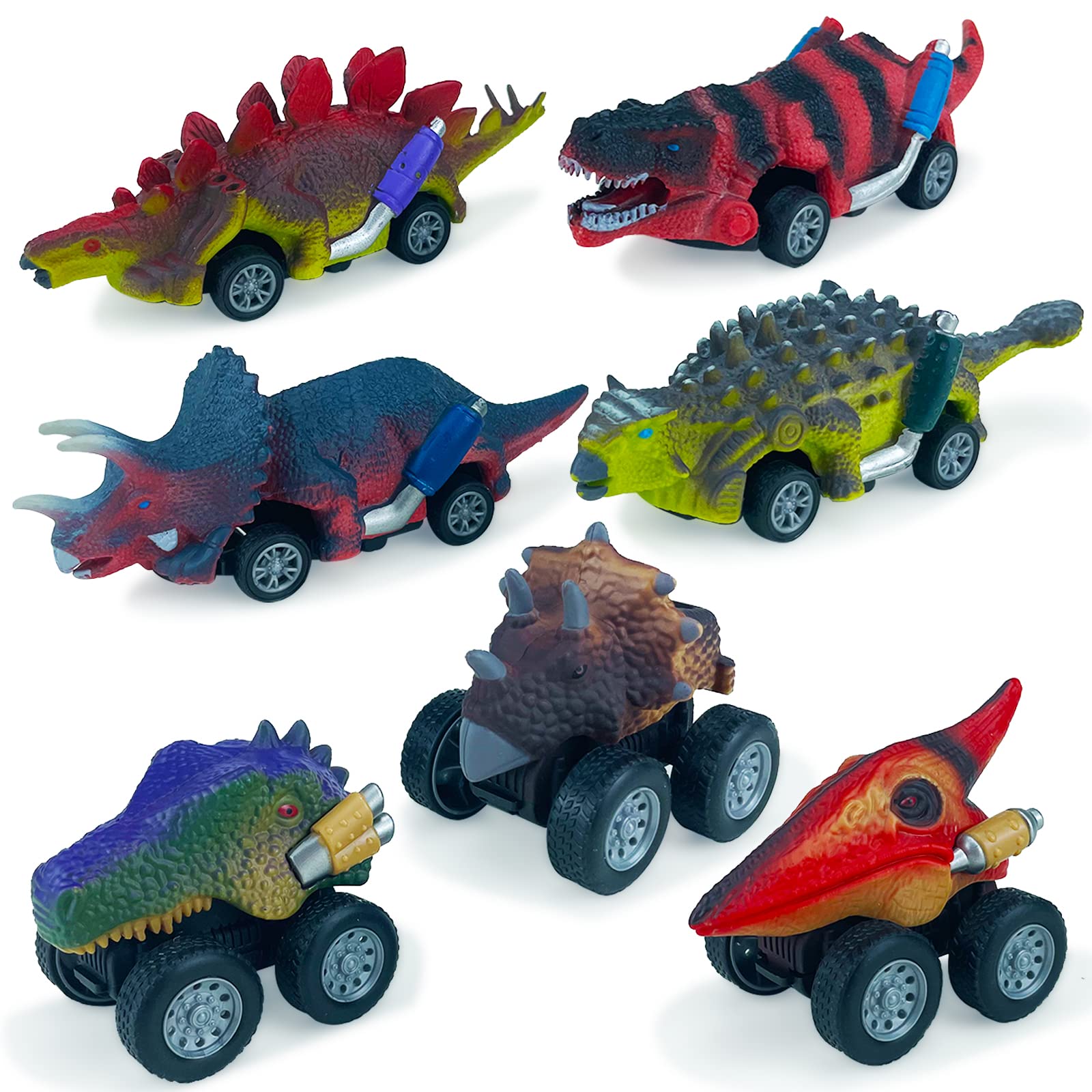 7 Pack Dinosaur Pull Back Cars Toys for Toddlers & Kids Ages 1-5 | Dino Monster Truck & Car Bulk Set - Best Gift for Boys Birthday, Easter Basket Stuffers | Fun Pretend Play & Early Learning Toys for Preschoolers