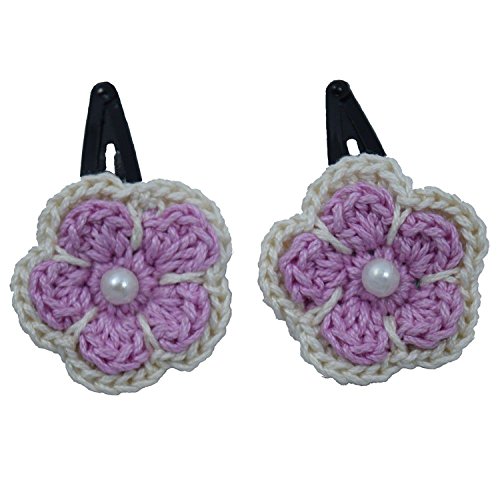 Prapti Handicrafts Baby Pink Crochet Flower Hair Clips for Girls - 2 Pack Cute Tic-Tac Pins for Kids Hair Accessories | Perfect for School, Parties & Everyday Style