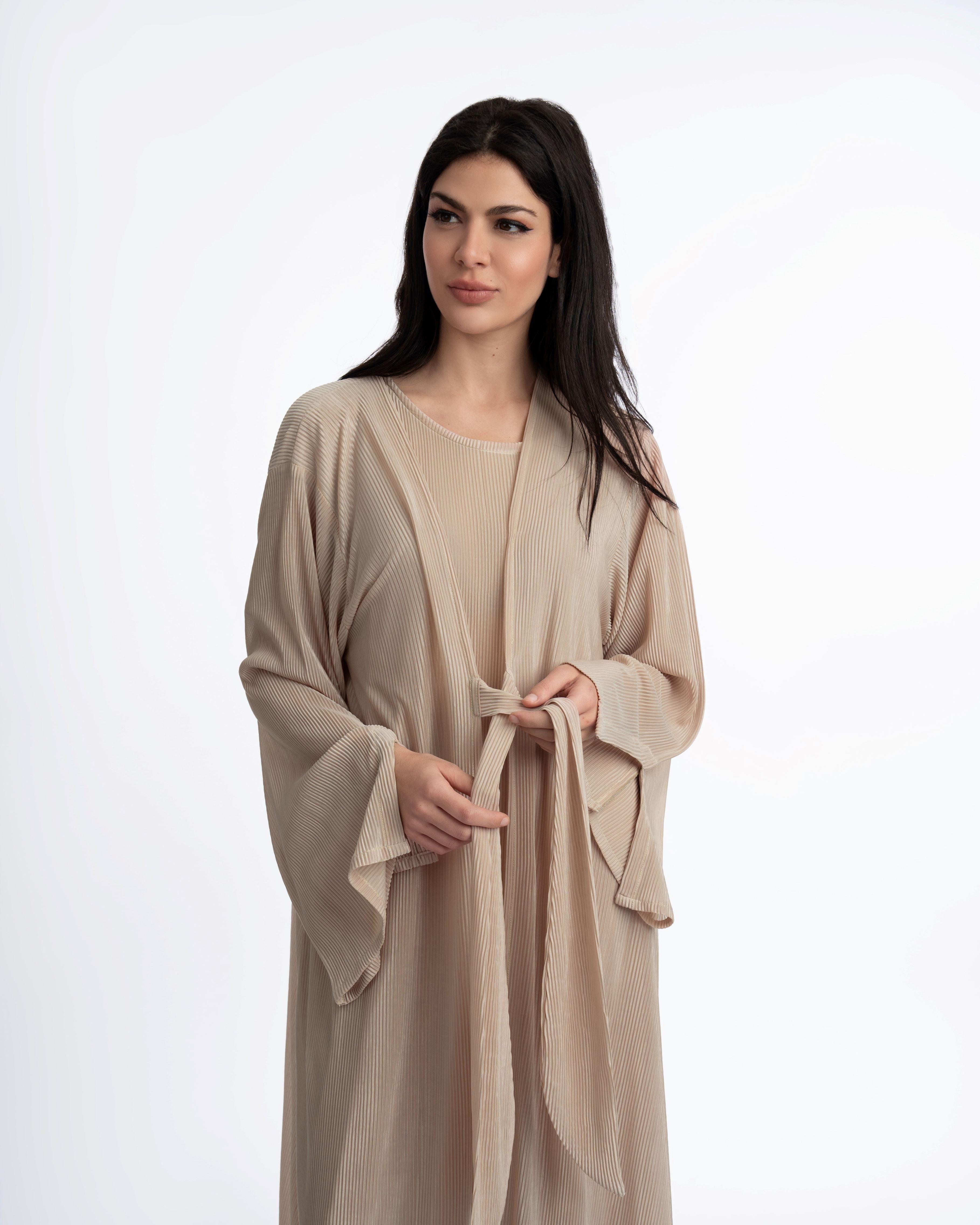 Basma Crinkle Abaya Beige - Modest Muslim Prayer Dress for Women | Lightweight & Breathable Fabric for Daily Wear, Mosque, and Special Occasions