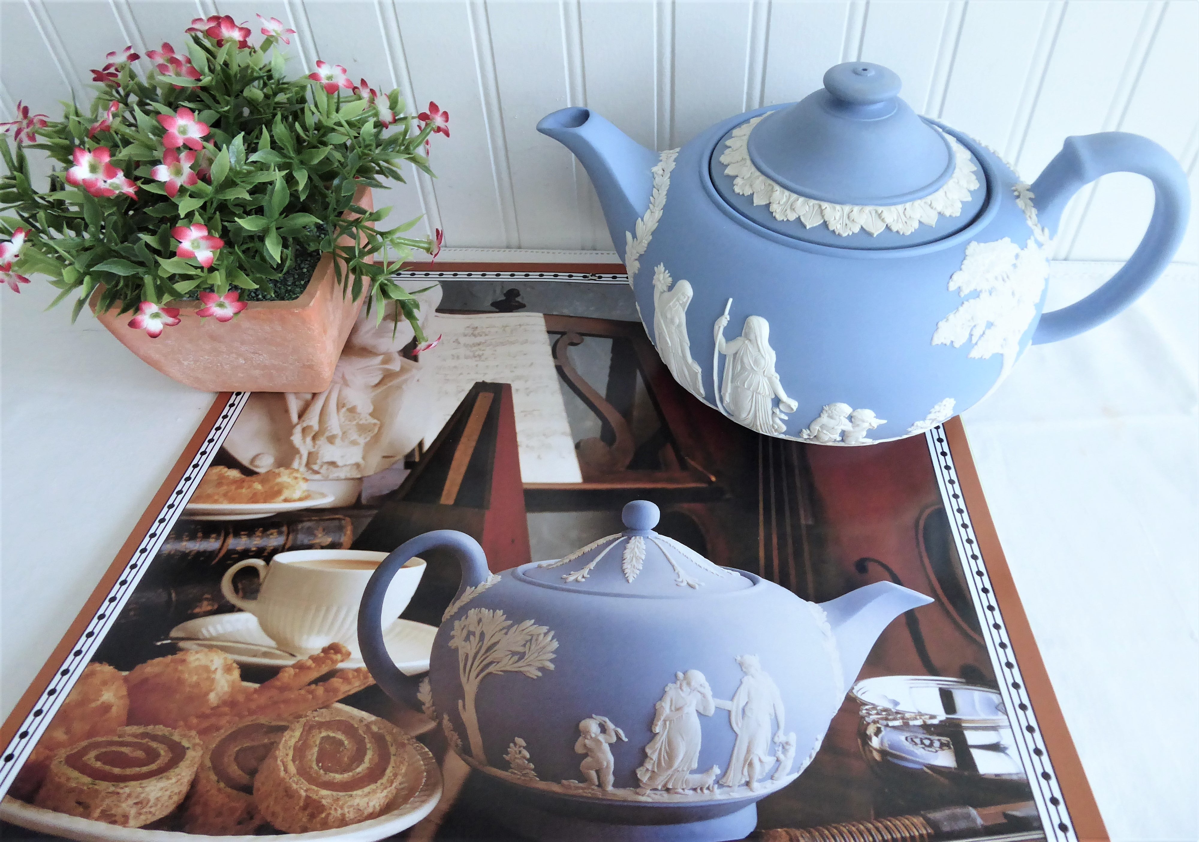 Vintage Wedgwood Blue Jasperware Teapot 1953 - Large Ceres Offering To Peace Design - 6 Cup Capacity - Perfect for Afternoon Tea & Collectible Display