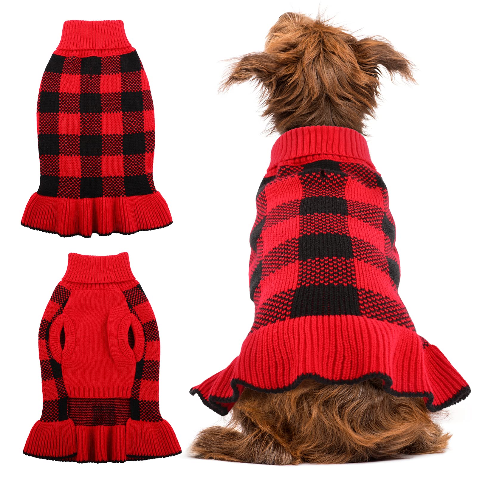 QBLEEV Small Dog Sweater Dress - Warm Knit Pullover Puppy Sweater with Leash Hole, Cozy Winter Christmas Pet Apparel for Fall & Winter - Perfect for Small Dogs, Puppies, Boys & Girls - Great for Outdoor Walks, Holiday Photos & Indoor Comfort