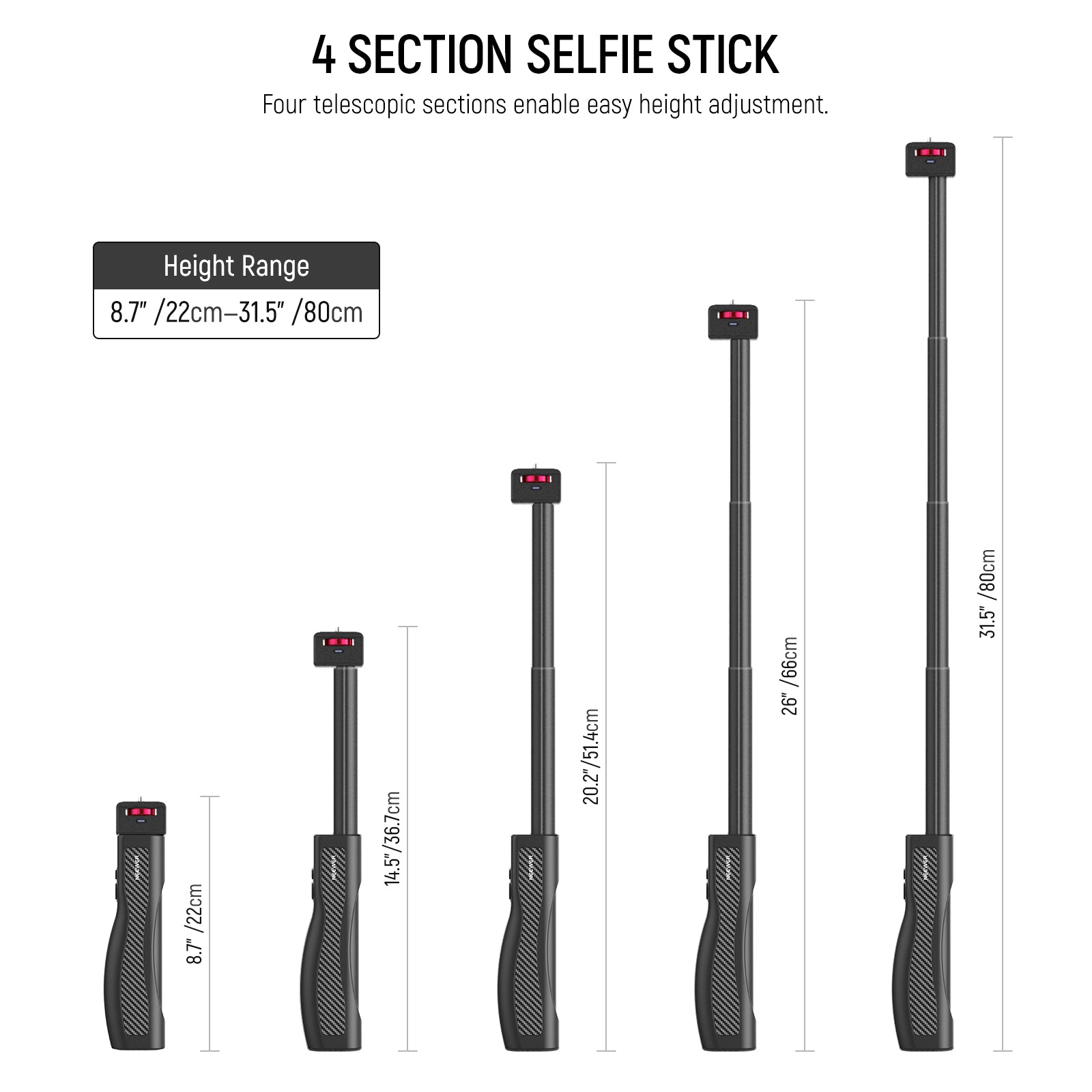 NEEWER PA993 31.5 Inch Rechargeable Selfie Stick with Built-in Battery & Wireless Remote - Perfect for Travel, Vlogging, and Group Photos