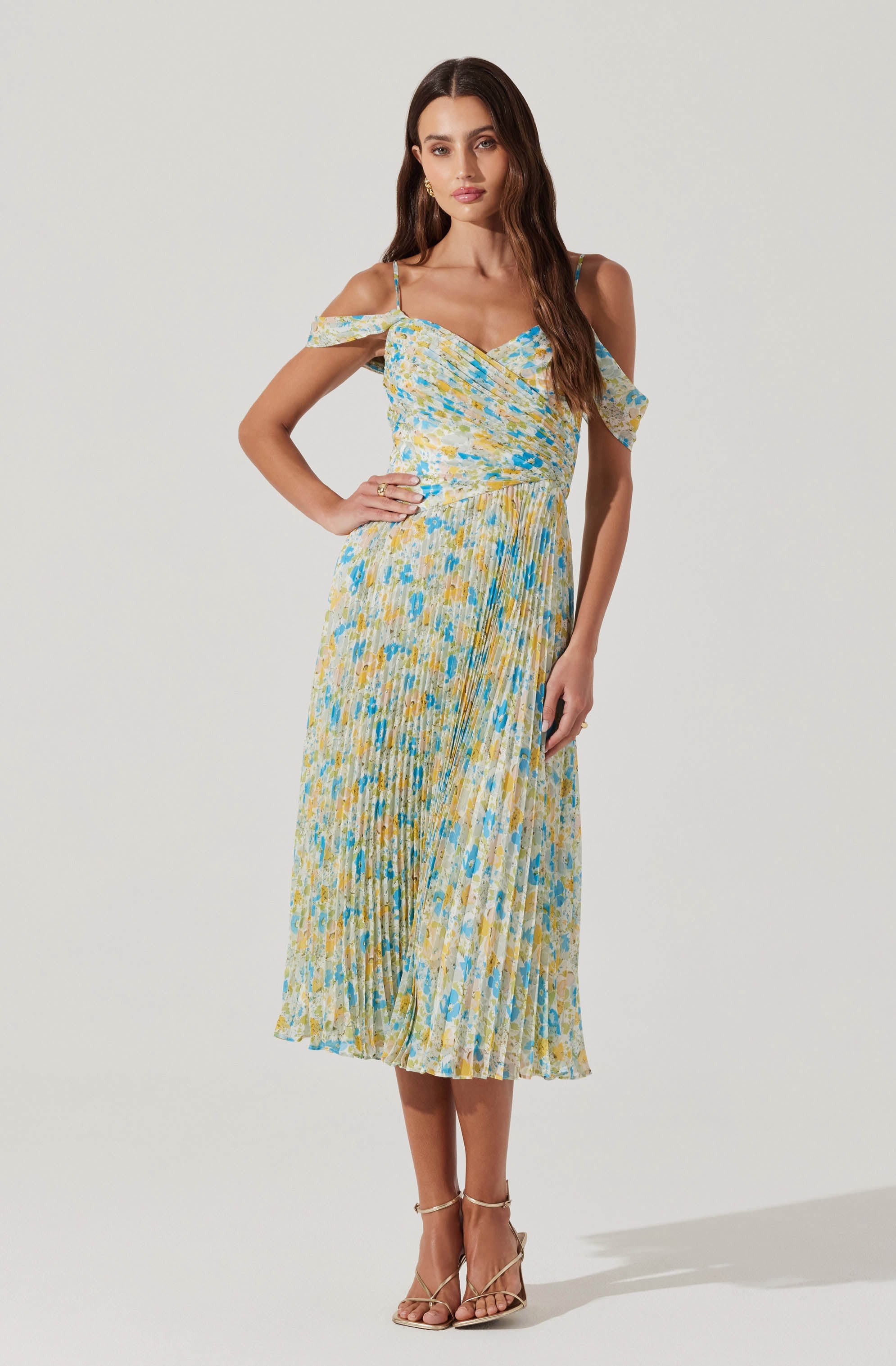Elegant Pleated Cold Shoulder Midi Dress for Women - Flowy Summer Party & Wedding Guest Outfit