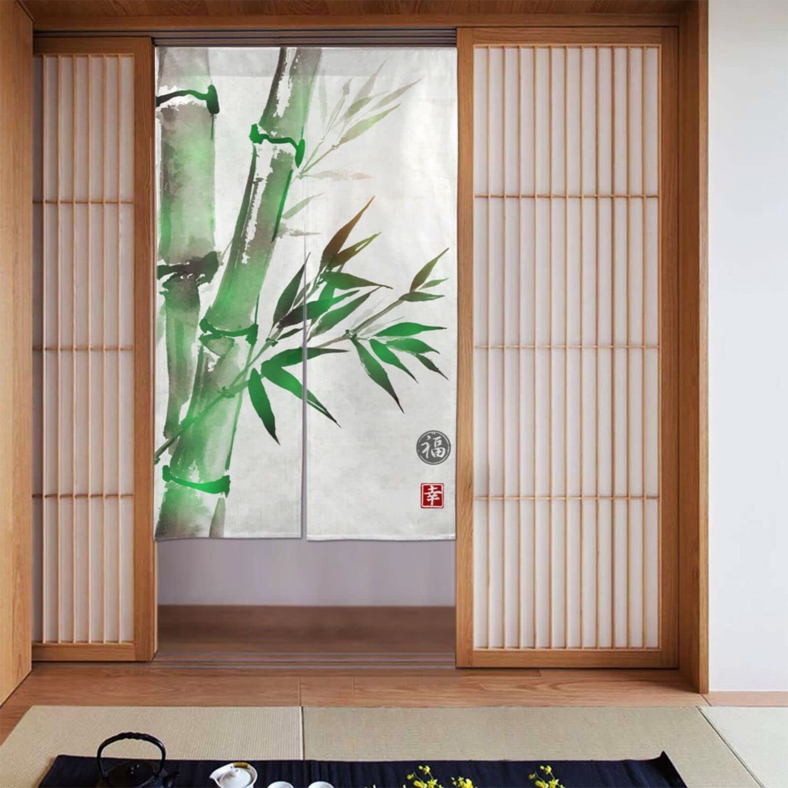 Japanese Noren Curtain - Traditional Green Bamboo Doorway Divider for Restaurants & Home Decor - Handmade Cotton Tapestry - Perfect for Entryways, Kitchens & Room Partitions