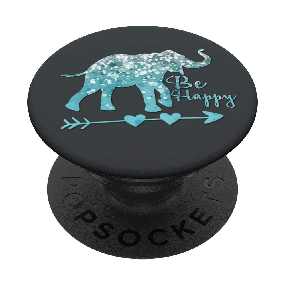 Silver Light Blue Elephant Phone Grip - Swappable PopGrip for iPhone & Android, Dark Gray Be Happy Design - Perfect for Travel, Work, and Everyday Use