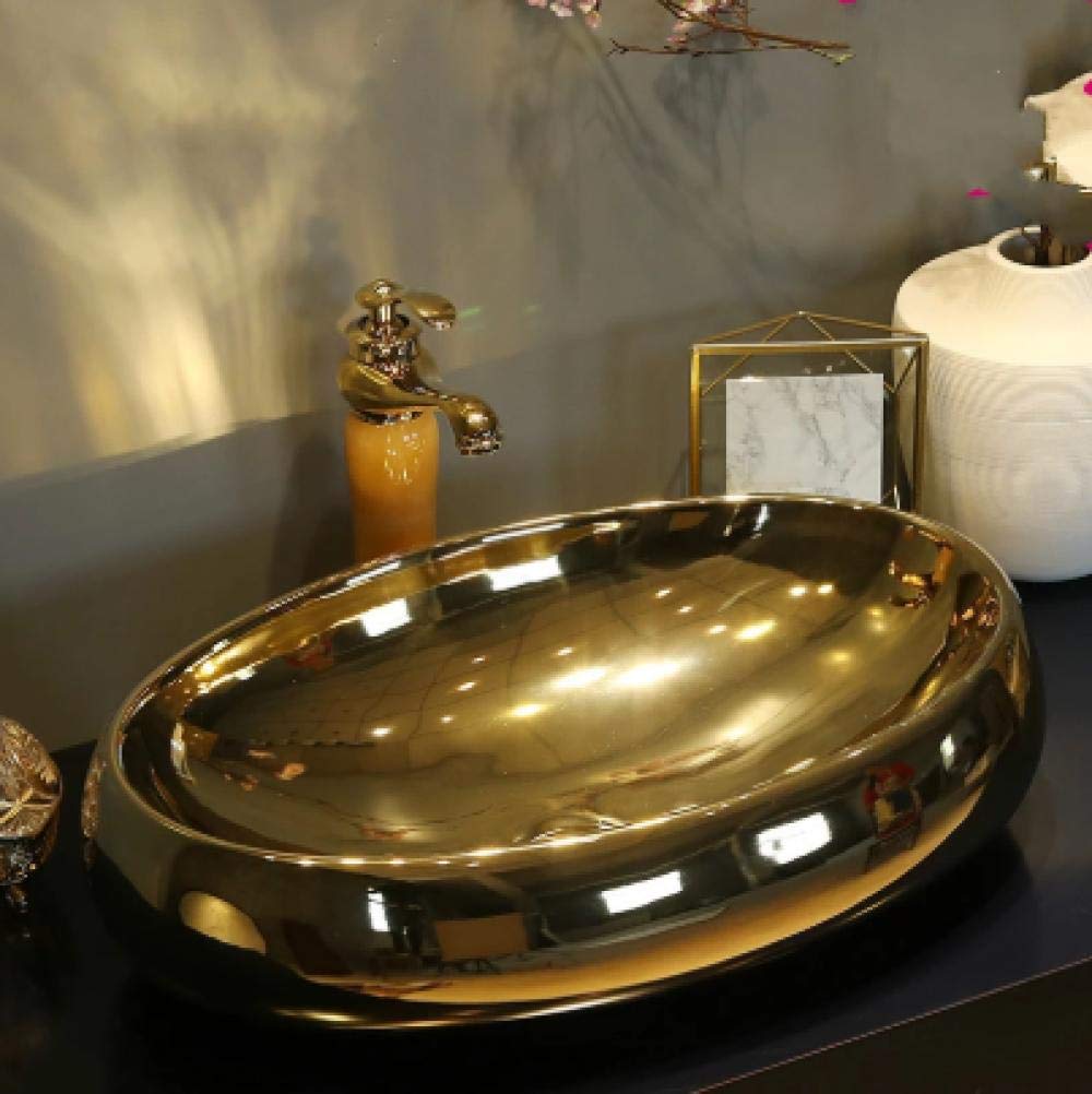 Golden Oval Ceramic Vessel Sink - Hand-Painted Art Basin for Bathroom Vanity & Powder Room | Modern Countertop Wash Basin for Luxury Home Decor & Spa Style Bathrooms