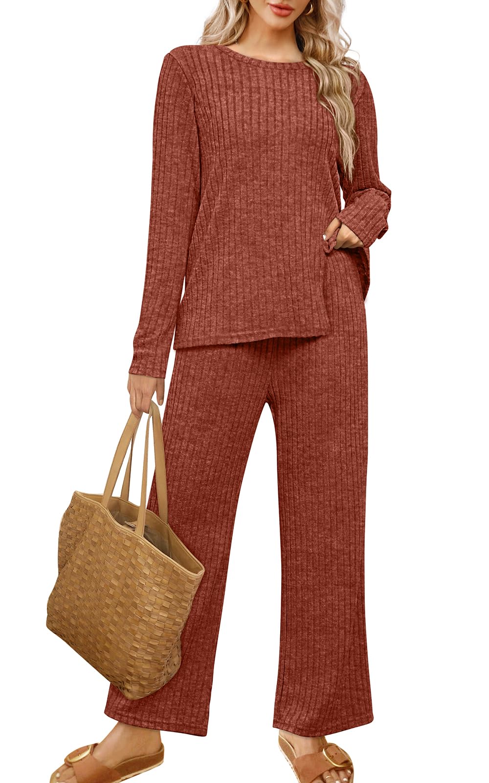 WIHOLL Women's Two Piece Lounge Set - Cozy Sweater Loungewear with Pockets for Home, Travel & Relaxation | Soft Casual Outfit for Women