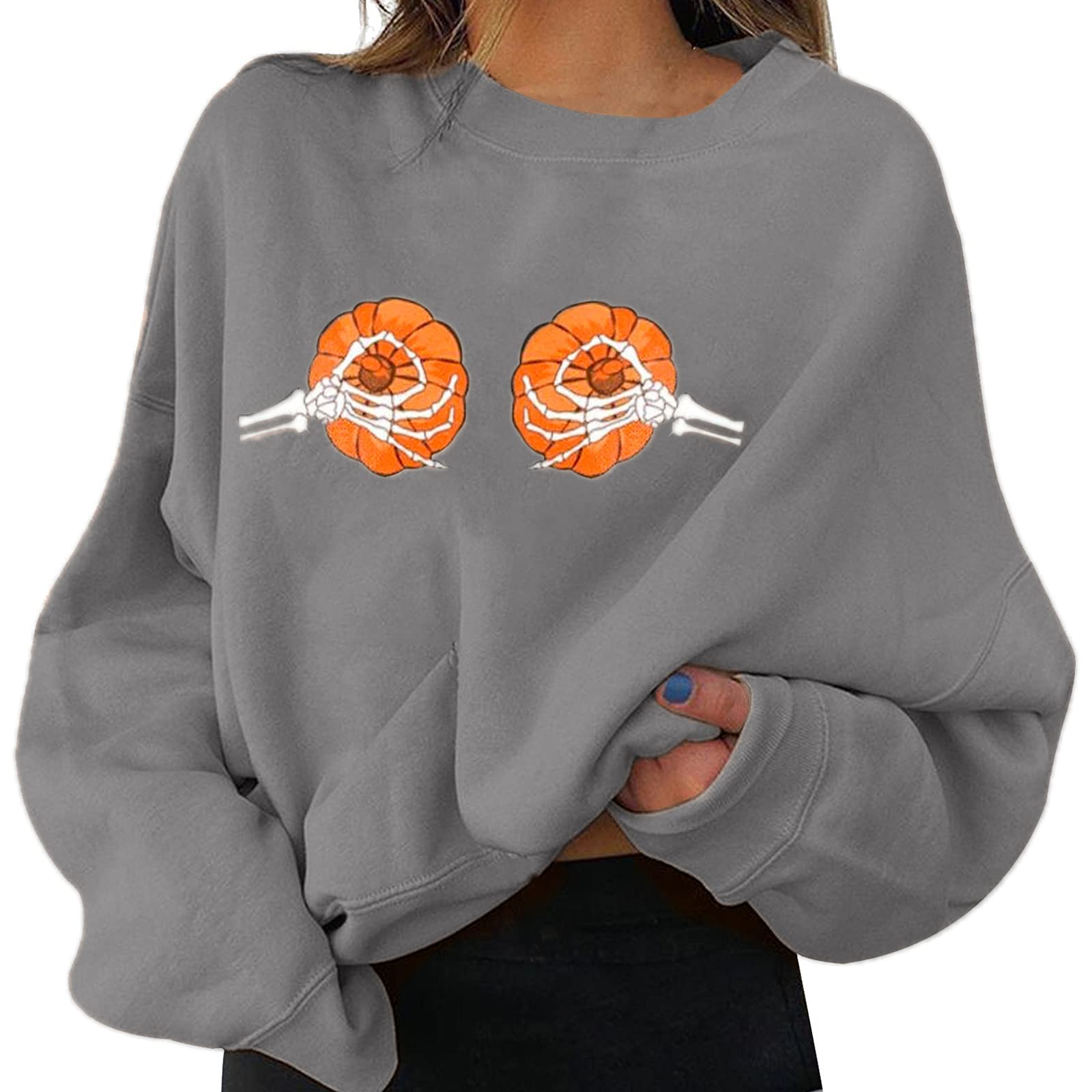 Women's Halloween Graphic Sweatshirt - Vintage Pumpkin Skeleton Moon Print Crewneck Long Sleeve Pullover | Perfect for Halloween Parties, Costume Events & Fall Fashion