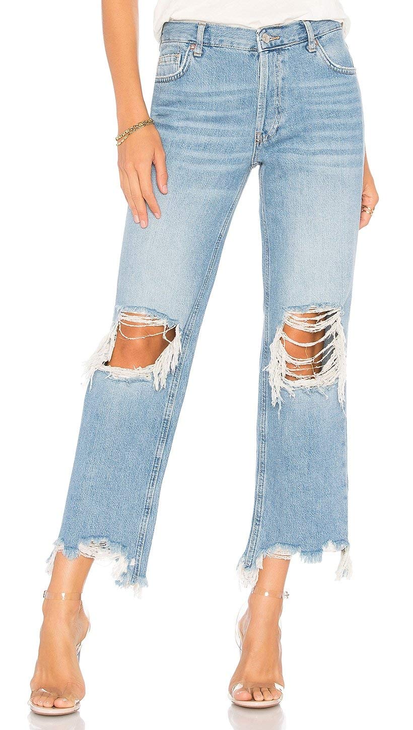 Free People Women's Maggie Straight Leg Jeans - High Waist Distressed Denim Pants for Casual Wear & Everyday Outfits