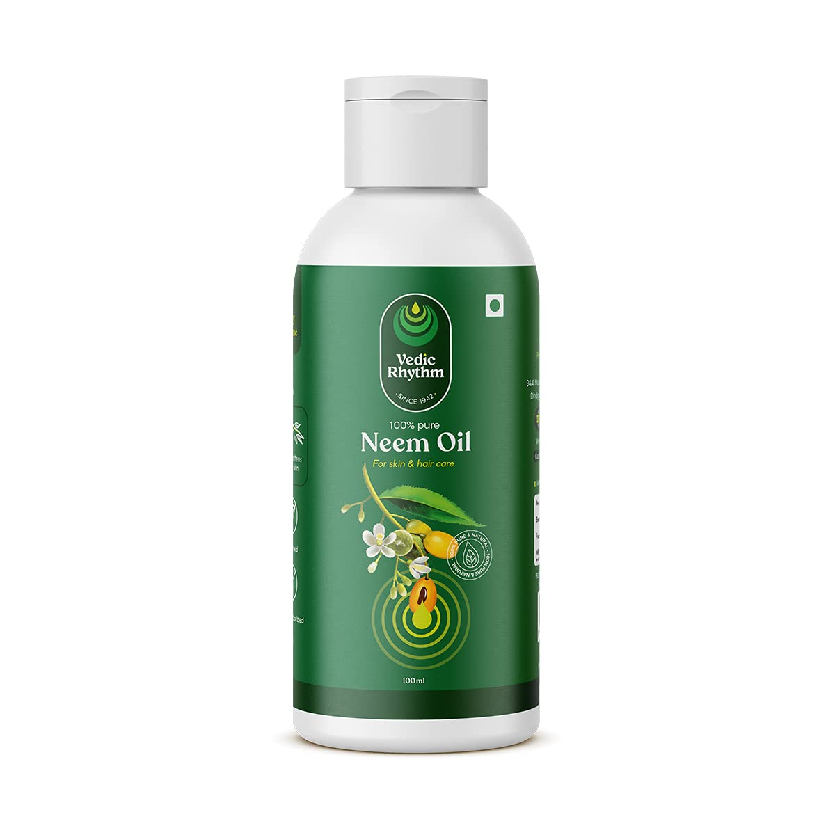 Vedic Rhythm Neem Oil 100ml - Cold Pressed 100% Pure First Extraction for Hair, Skin & Body Care | Organic Ayurvedic Treatment for Acne, Dandruff & Dry Skin | Perfect for Daily Skincare & Hair Growth Routine