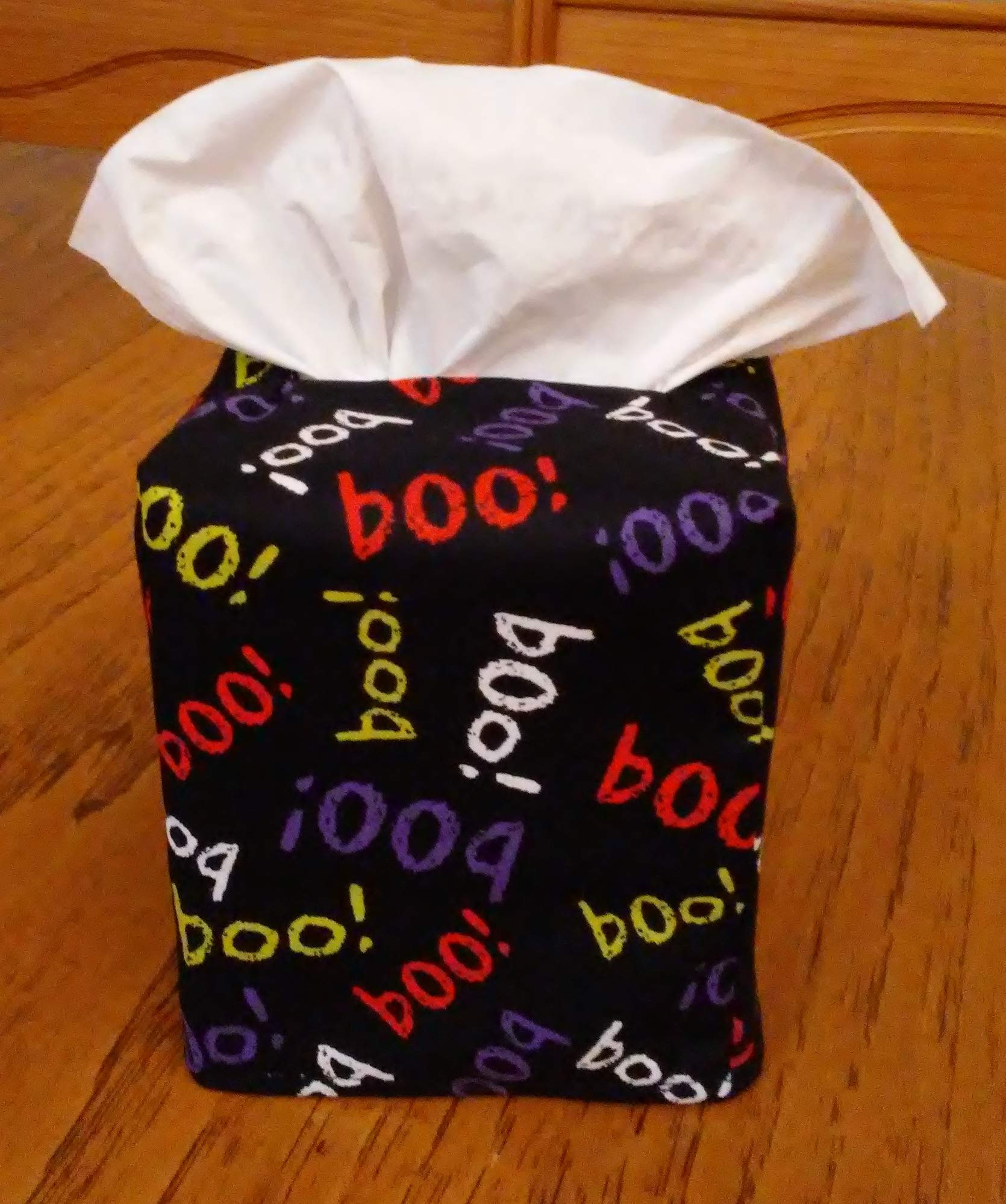 Handmade Halloween Square Tissue Box Cover - BOO on Black Fabric for Home Decor, Party & Holiday Decoration | Perfect for Living Room, Bedroom & Spooky Themed Events