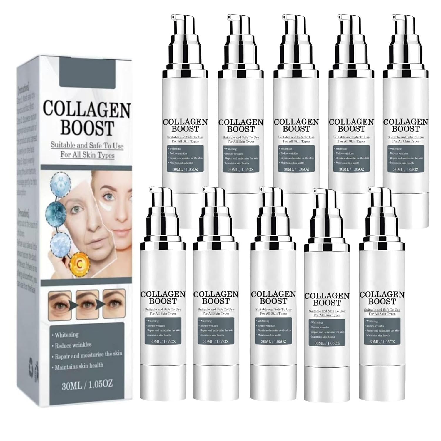 Collagen Boost Anti-Aging Serum - 1.05oz (10-Pack) | Wrinkle Reduction & Skin Firming Treatment | Perfect for Night Routine & Daily Skincare Regimen