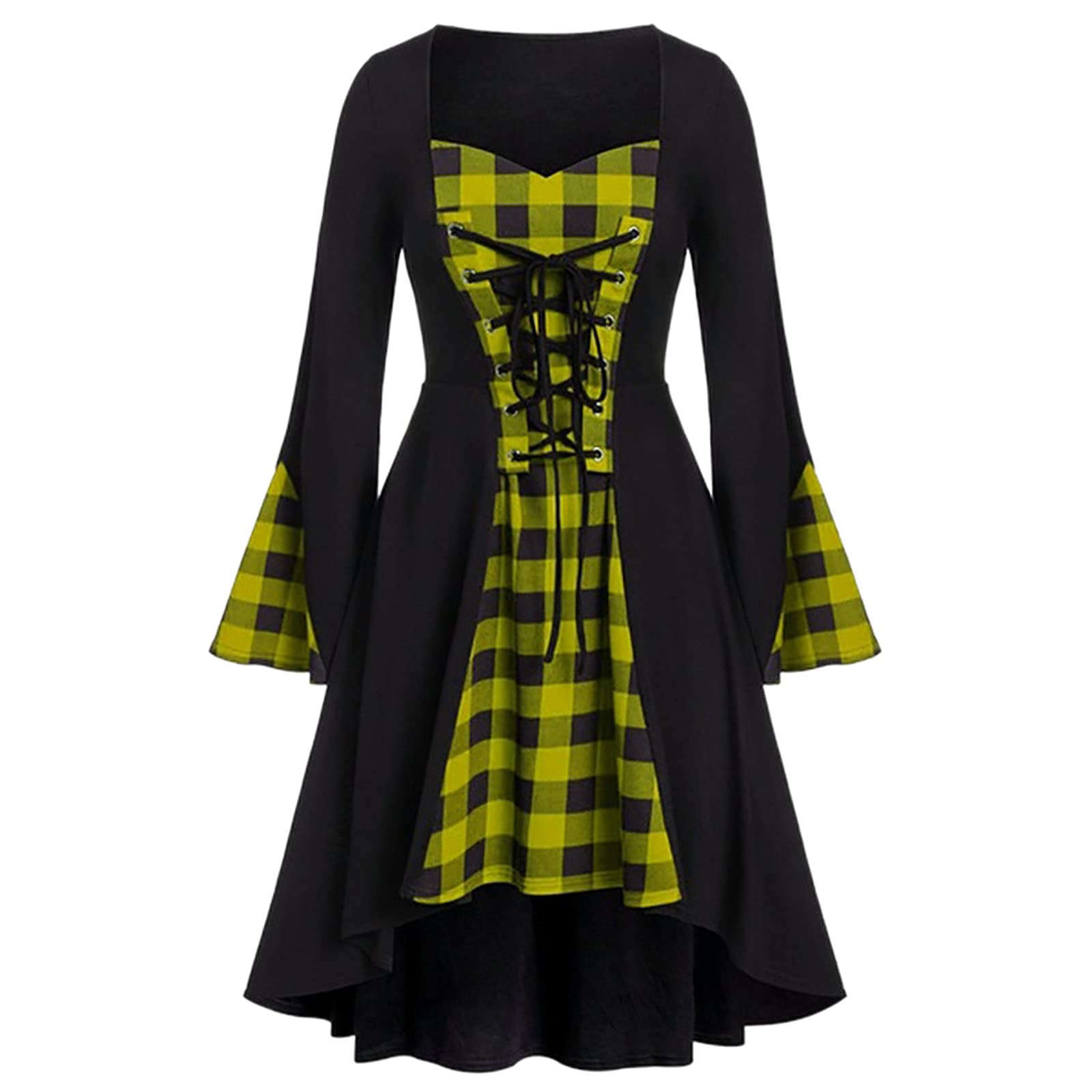 Xiloccer Women's Plus Size Lattice Lace Up Cocktail Party Dress - Long Sleeve Plaid Patchwork Costume for Evening Events, Weddings & Special Occasions