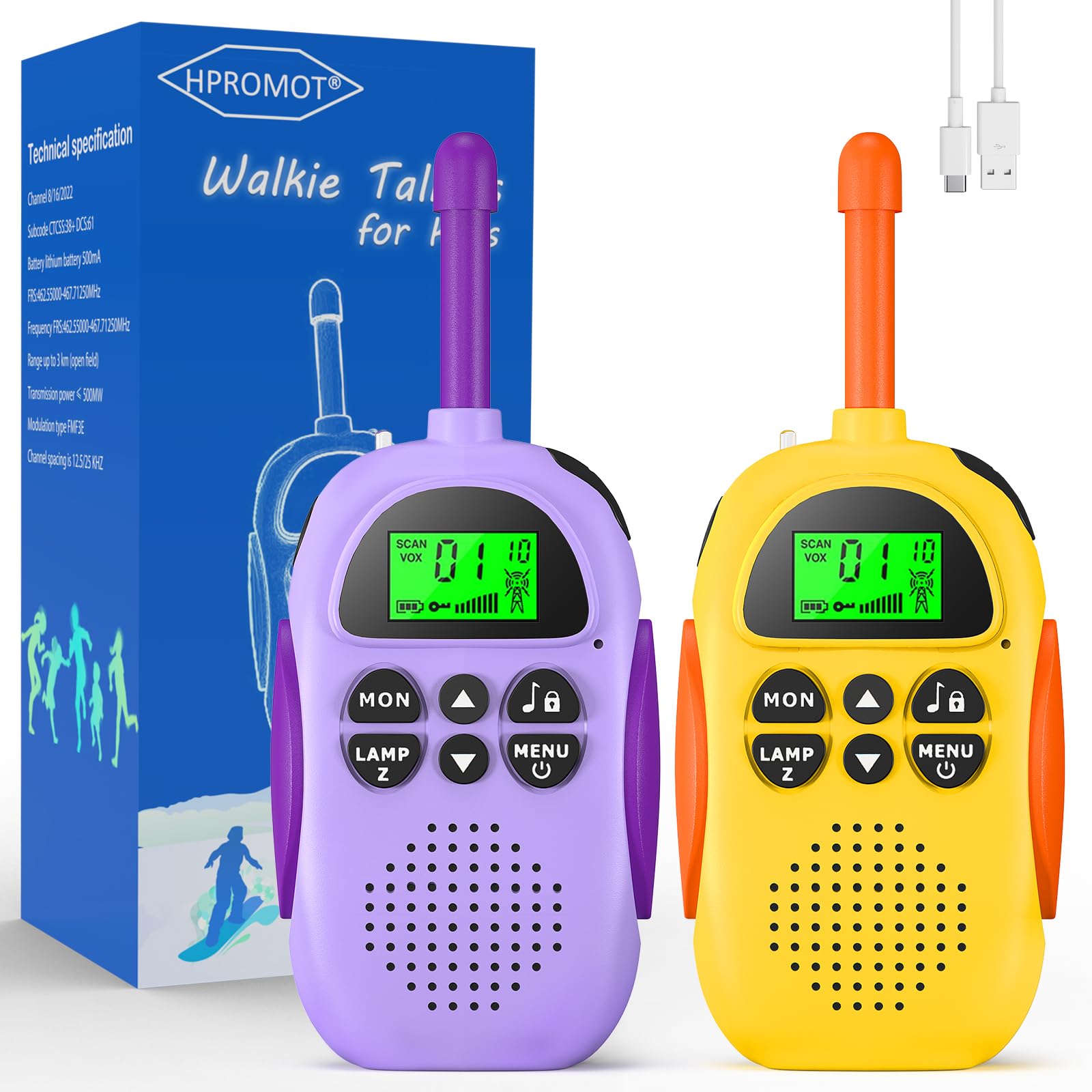 Rechargeable Walkie Talkies for Kids - 2 Pack Long Range 22 Channel Two-Way Radios, Best Birthday Toy Gift for Boys & Girls Ages 3-12 - Perfect for Outdoor Adventures, Camping, Hiking, Backyard Play & Family Road Trips