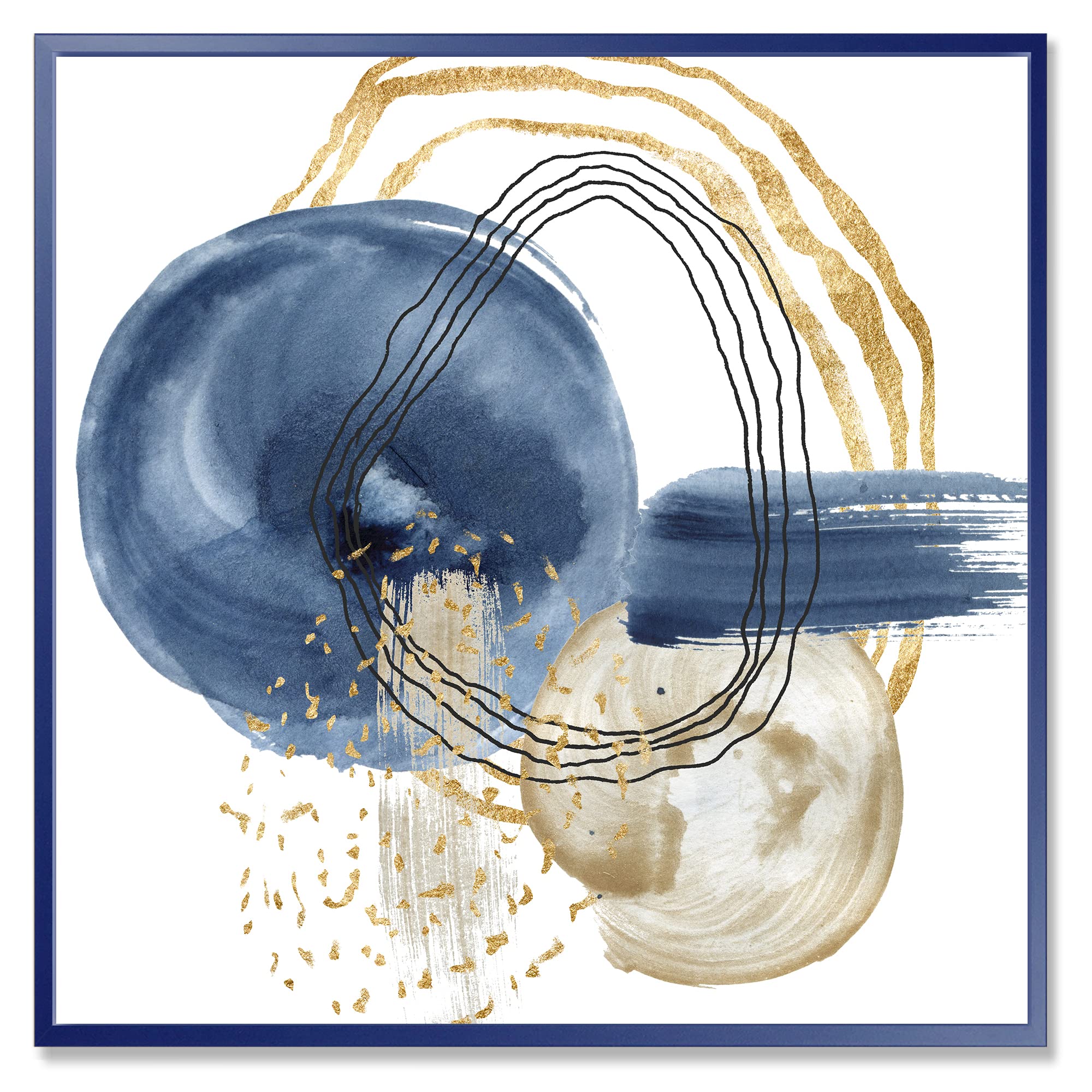 Abstract Dark Blue Gold & Black Underwater Life Canvas Wall Art - Modern Framed Print for Living Room, Bedroom & Office Decor