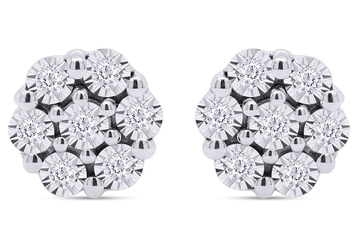 1/10 Carat Round Cut White Natural Diamond Stud Earrings for Women - 14k Gold Plated 925 Sterling Silver Flower Cluster Miracle Set (I2-I3 Clarity, I-J Color, 0.10 Cttw) - Perfect for Weddings, Anniversaries & Special Occasions