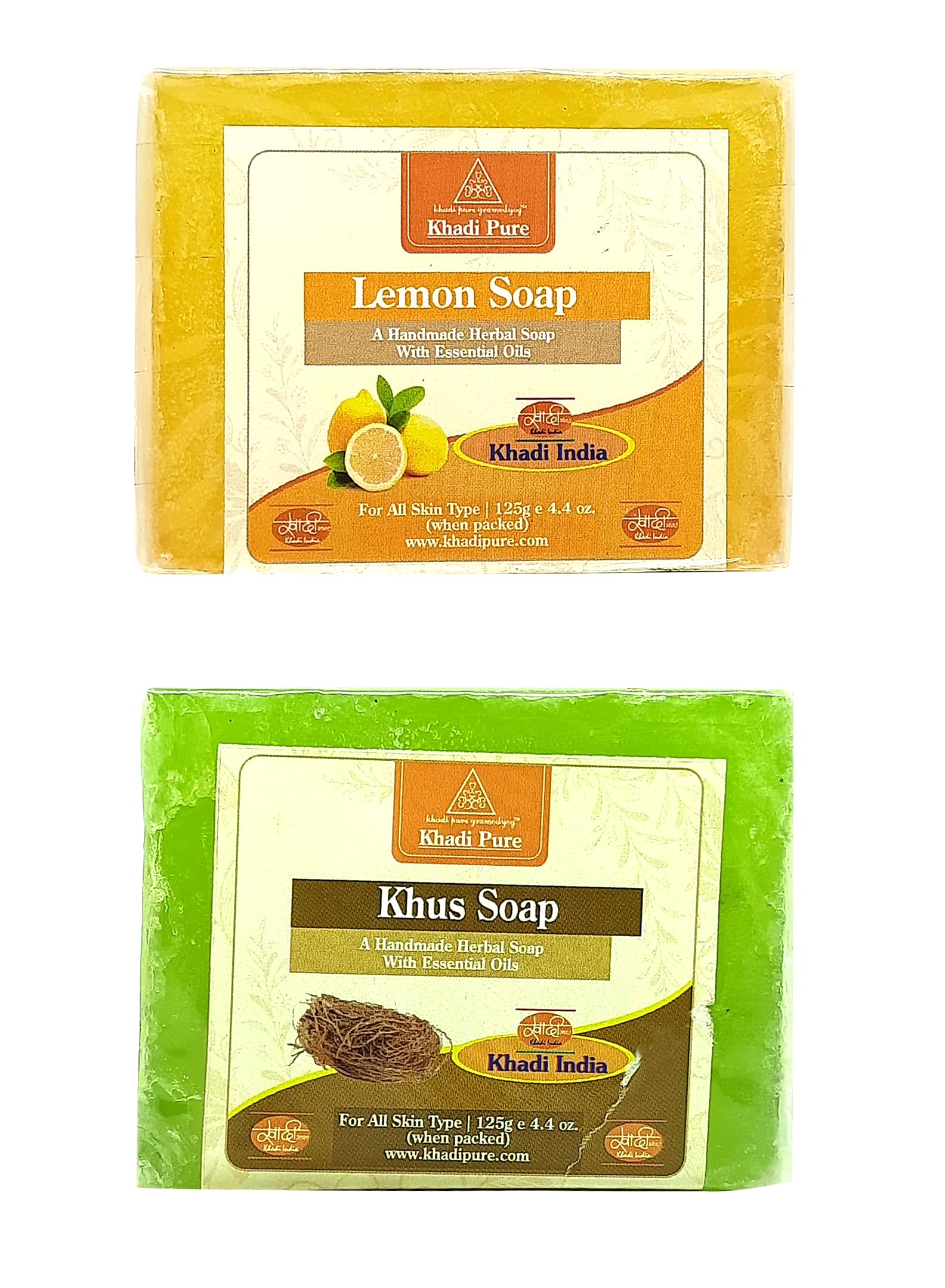 Khadi Pure Herbal Lemon & Khus Soap (125g) Pack of 2 (250g) - Natural Ayurvedic Cleansing Bar for Glowing Skin - Perfect for Daily Use, Sensitive Skin & Eco-Friendly Bath Routine