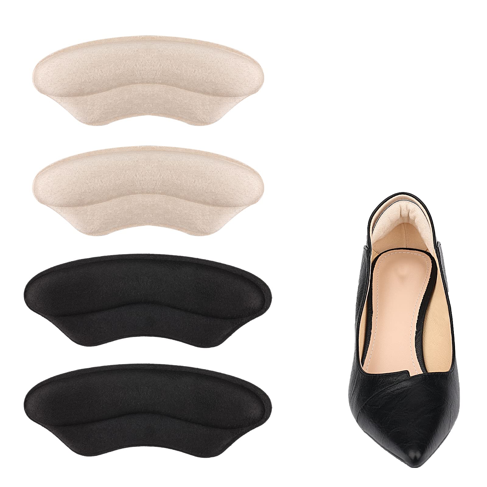 KINBOM 2 Pairs Self-Adhesive Heel Grips & Cushion Pads for Loose Shoes - Comfortable Foot Support for High Heels, Sneakers - Women & Men (Black & Apricot) - Perfect for Work, Parties & Daily Wear