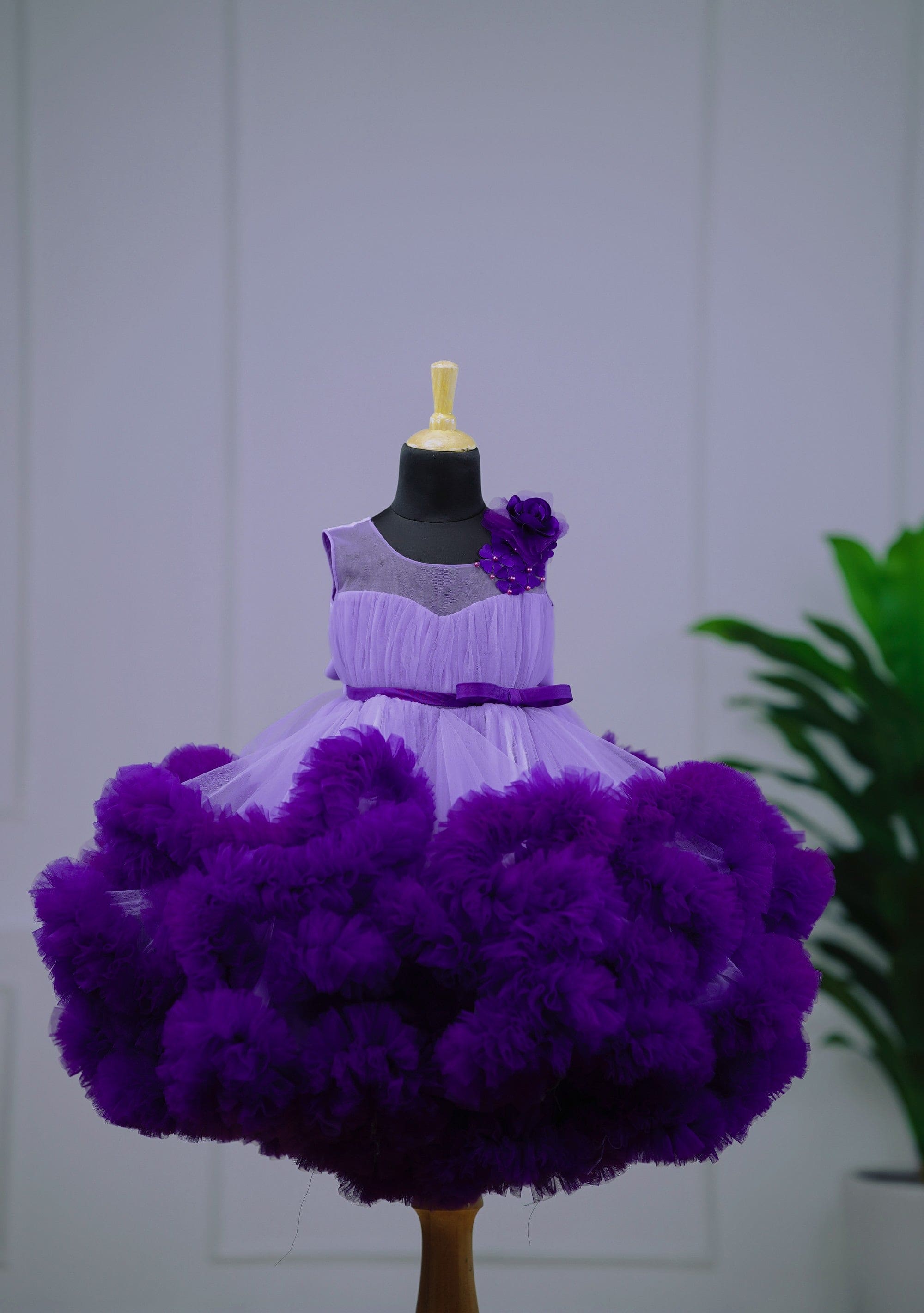 Pre Order: Elegant Lavender & Purple Frilled Party Gown with Floral Detailing - Perfect for Prom, Evening Galas & Special Occasions