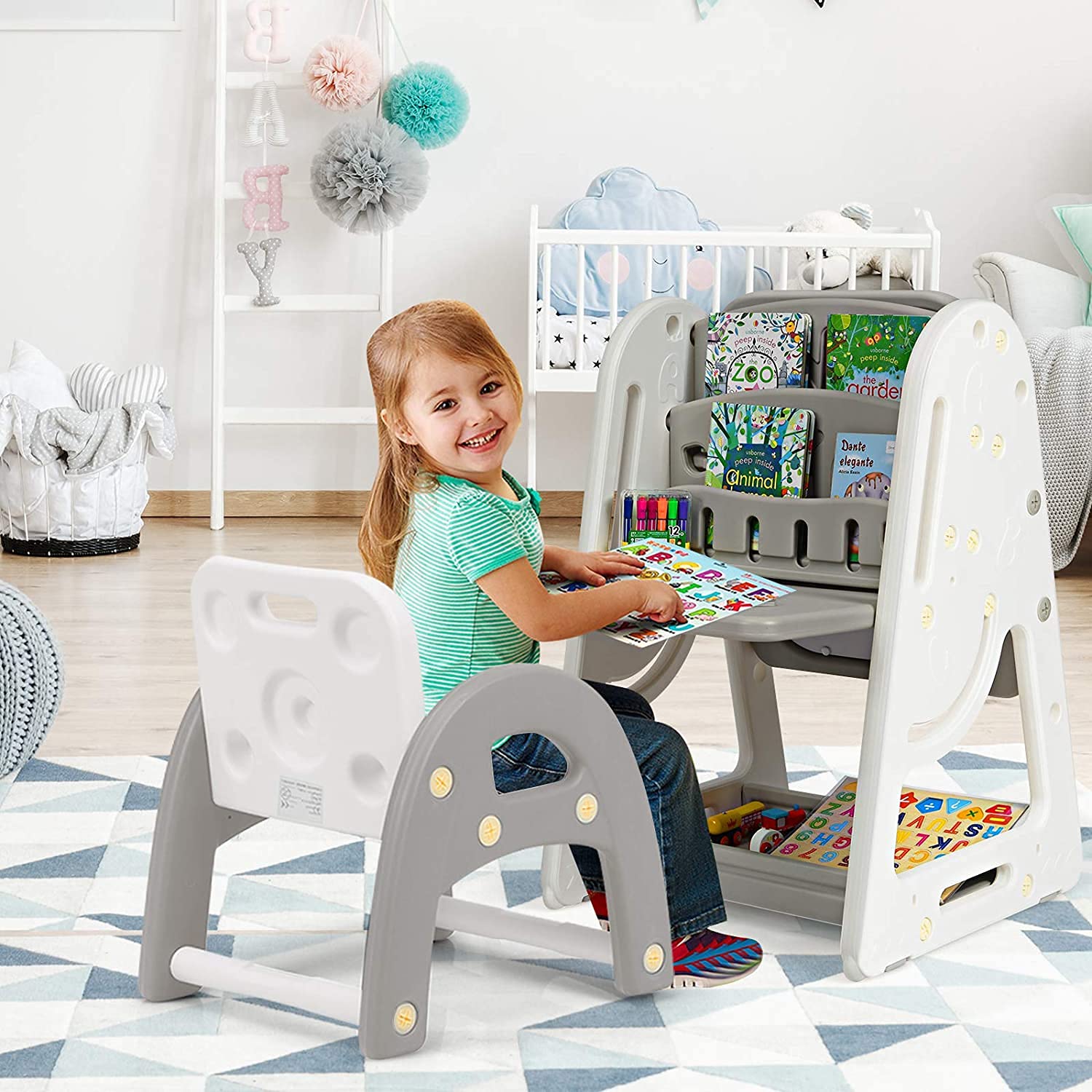 LDAILY 4-in-1 Kids Art Easel Stand with Chair - Adjustable Magnetic Dry Erase Board, Includes Markers, Eraser & Letter/Number Magnets - Perfect for Home, Classroom & Preschool Learning Activities (Grey)