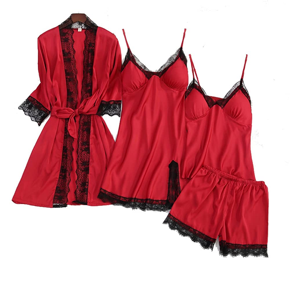 FMOGG Women's 4-Piece Silk Pajama Set - Sexy Long Sleeve Nightwear with Built-in Chest Pads | Soft Ice Silk Sleepwear for Lounge & Bedtime | Perfect for Valentine's Day, Anniversary Gifts & Relaxing at Home