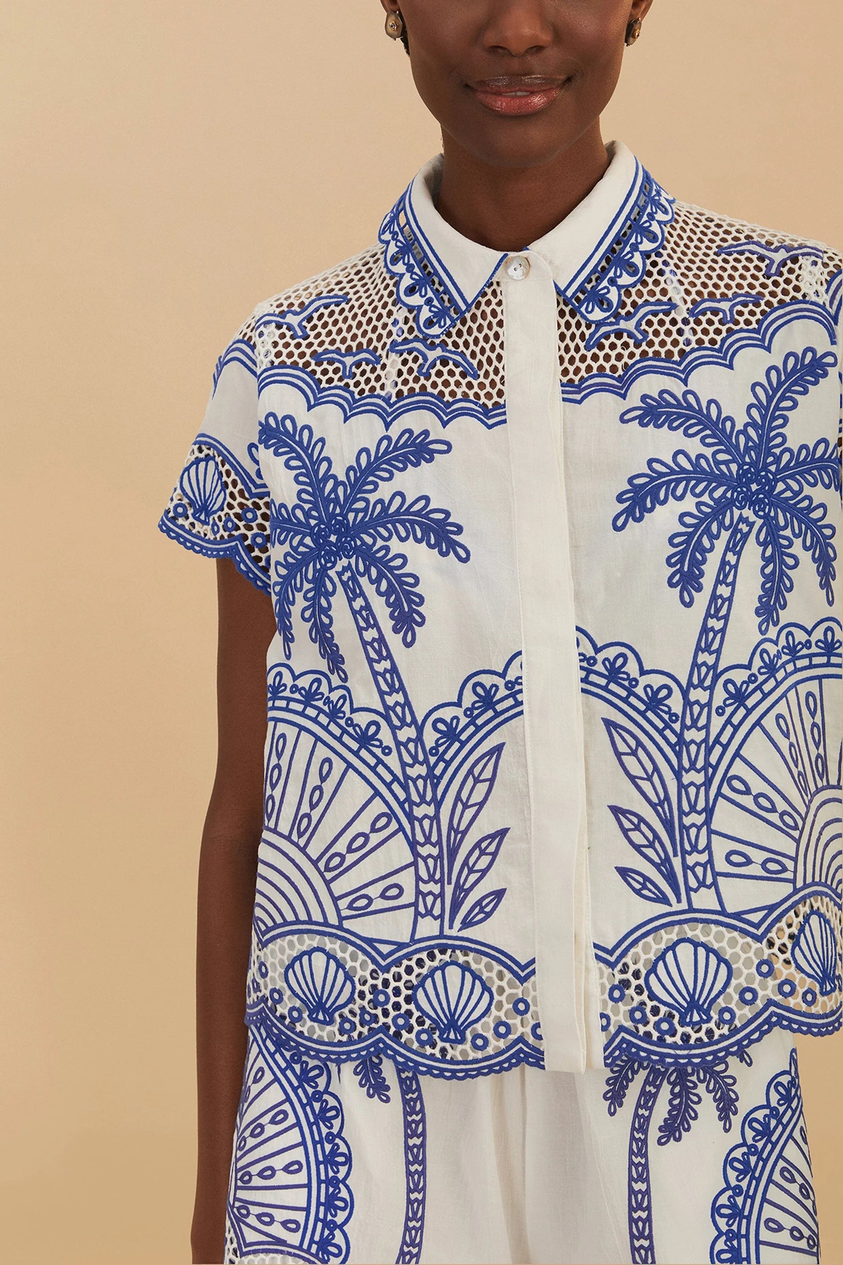 Farm Rio Women's Palm Trees Richelieu Shirt - Floral Embroidered Button Down Blouse for Summer Beach Vacation & Tropical Getaways