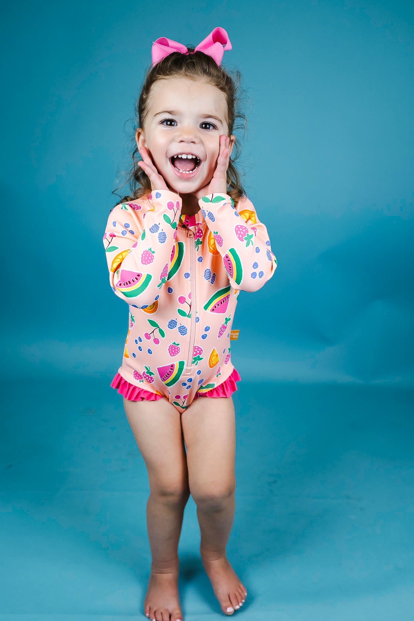 Baby Girl Fruit Salad Print Long Sleeve Swimsuit - UV Protection Rash Guard for Beach, Pool & Summer Play