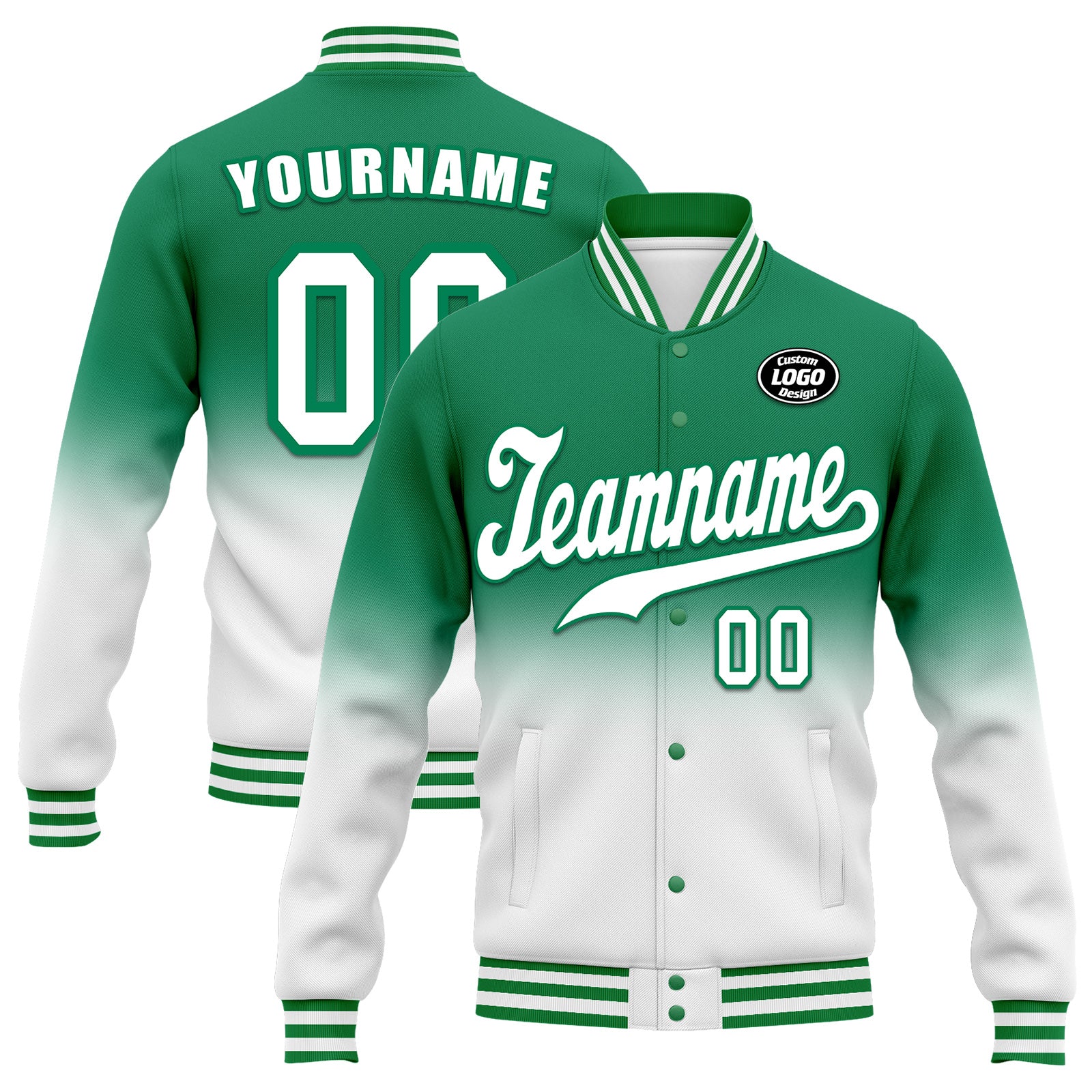Custom Green & White Fade Bomber Jacket - Personalized Varsity Letterman Jacket with Full Snap Closure (Style FZ005 D020229) - Perfect for School Spirit, Sports Events & Streetwear Fashion