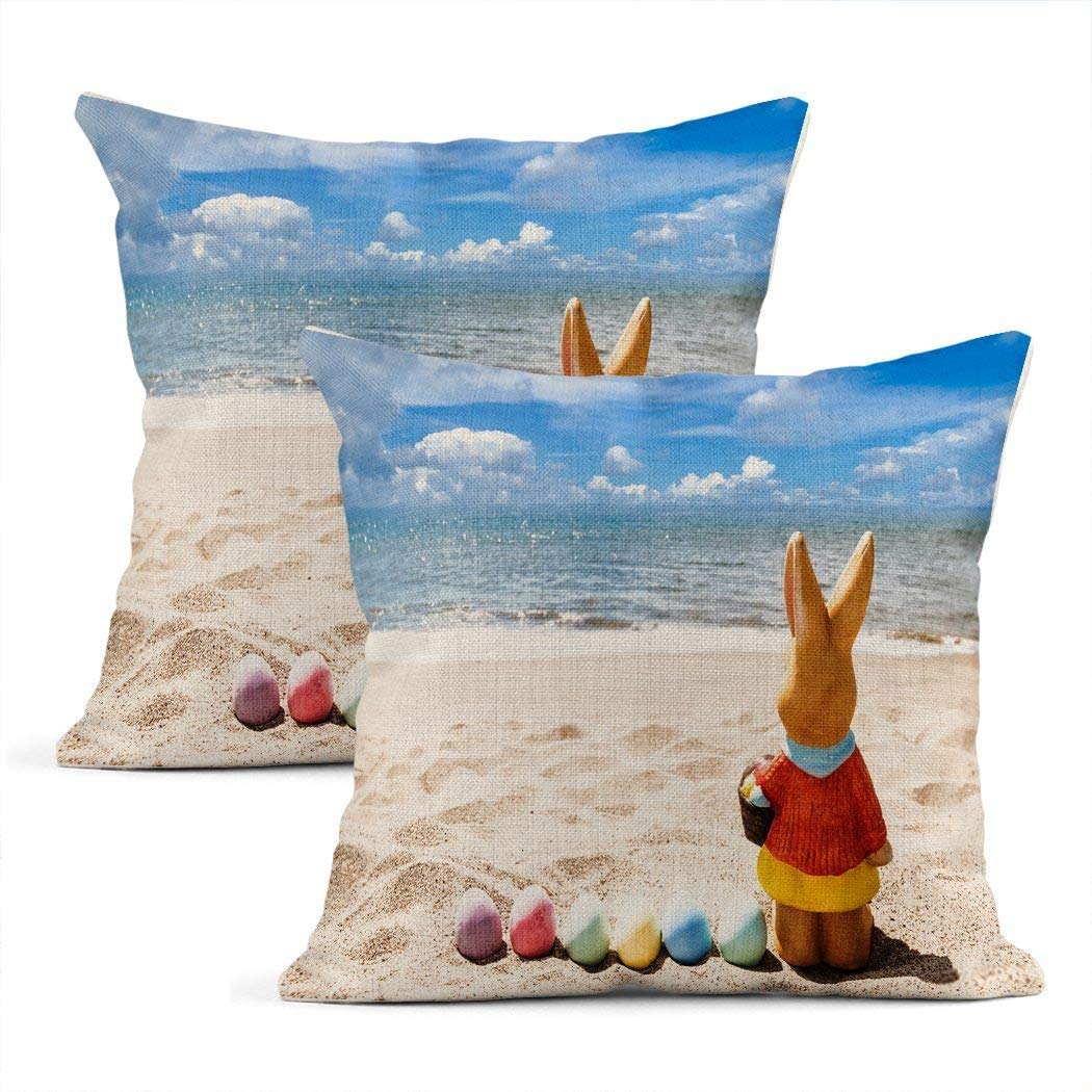 Yi Tong Set of 2 Easter Bunny Egg Throw Pillow Covers - 18x18 Inch Square Linen Cushion Covers for Sofa, Bed, Living Room & Bedroom Decor - Durable Home Decorative Pillowcases for Spring and Easter Season
