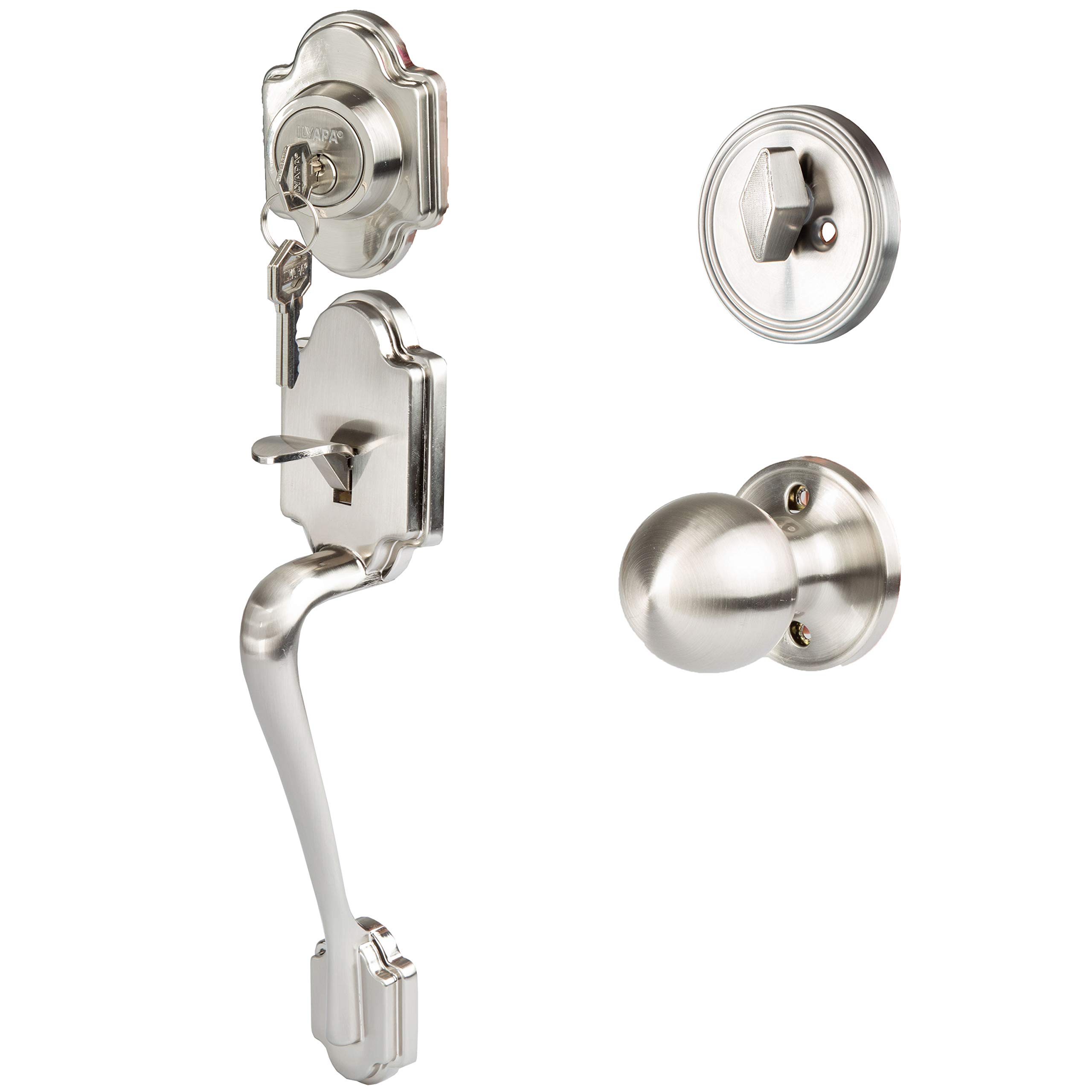 Ilyapa Front Entry Door Handleset - Classic Satin Nickel Low Profile Door Lock Set with Single Cylinder Deadbolt & Halifax Lever | Secure & Stylish Exterior Door Hardware for Homes & Offices