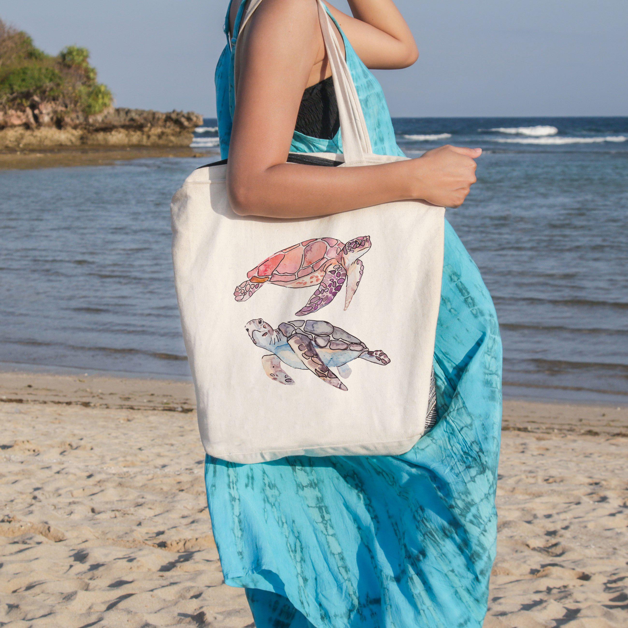 Happy Turtles Beach Tote Bag - Large Waterproof Sandproof Beach Bag with Zipper Pocket - Perfect for Pool, Vacation, Travel & Summer Outings