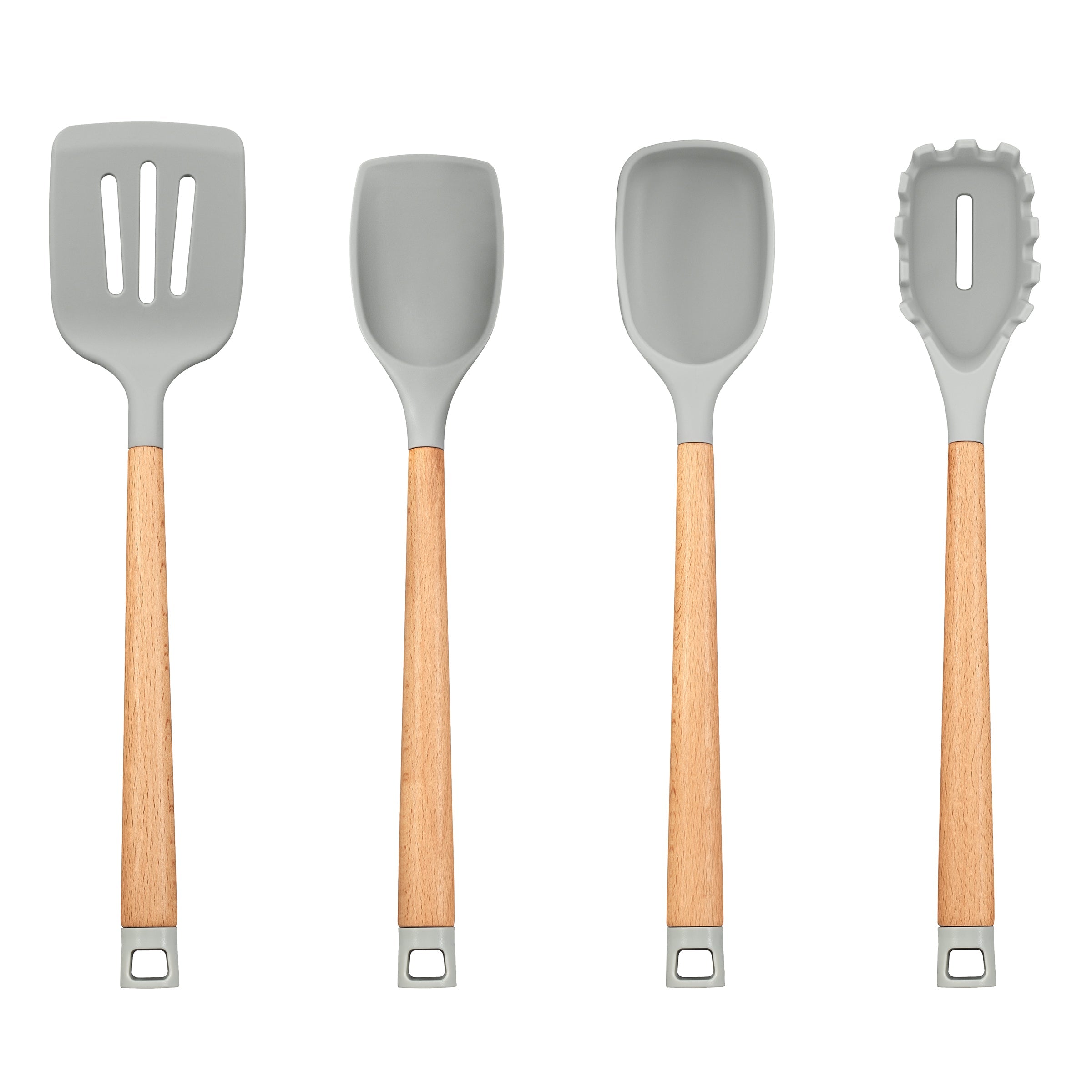 Premium Beechwood & Grey Silicone Kitchen Utensil Set - 4 Piece Non-Slip Cooking Tools for Baking, Stirring & Serving - Perfect for Home Chefs & Professional Kitchens