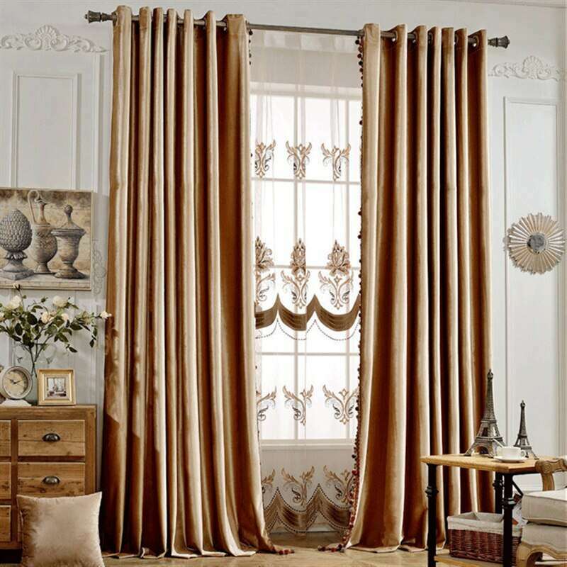 Luxury Blackout Velvet Curtains with Tassel Trim - European Style in Camel Color for Living Room & Bedroom Window Treatments