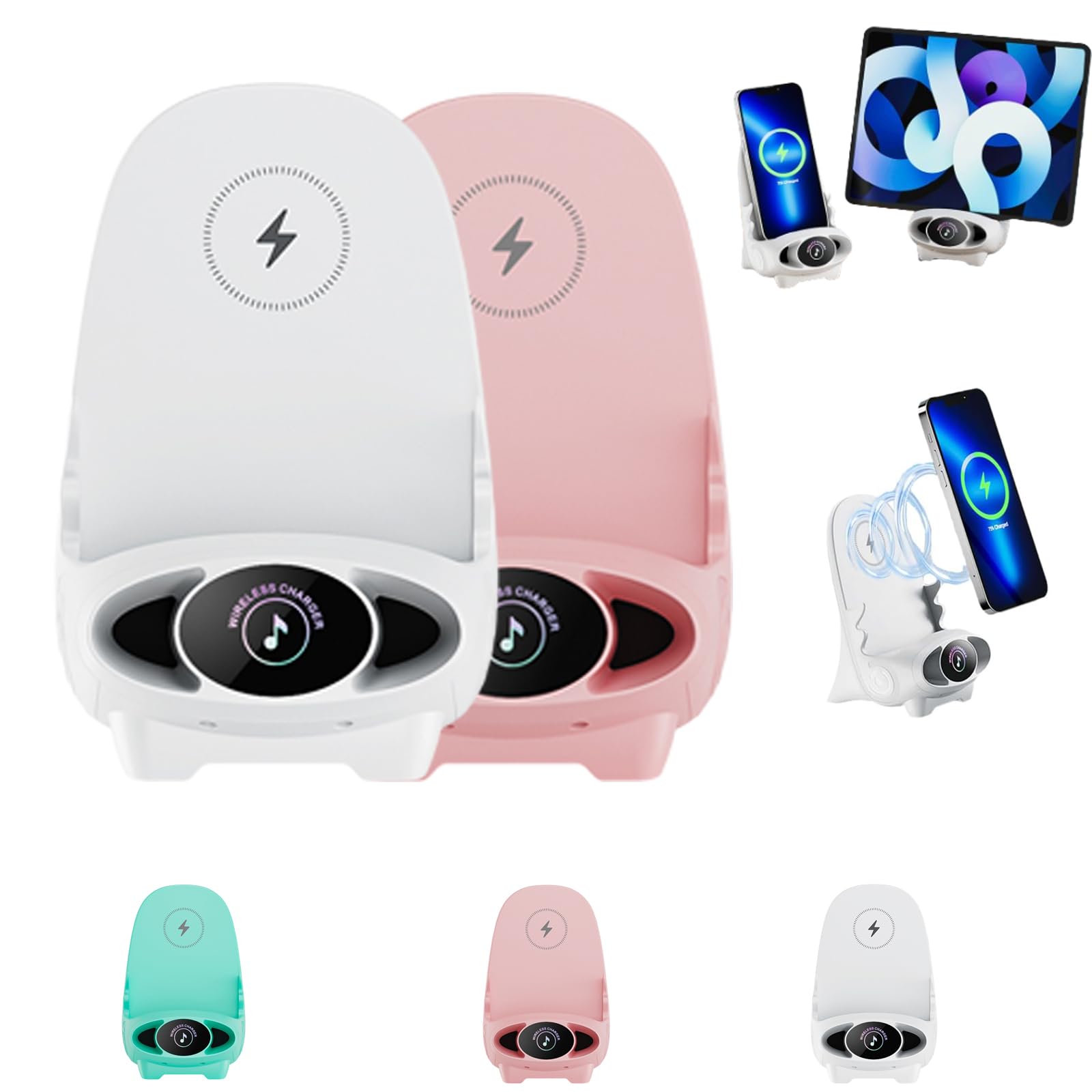 Mini Chair Wireless Fast Charger - 15W Qi-Certified Phone Charging Stand with Built-in Speaker, LED Light & Phone Holder - Perfect for Bedside, Office Desk & Nightstand (White & Pink)