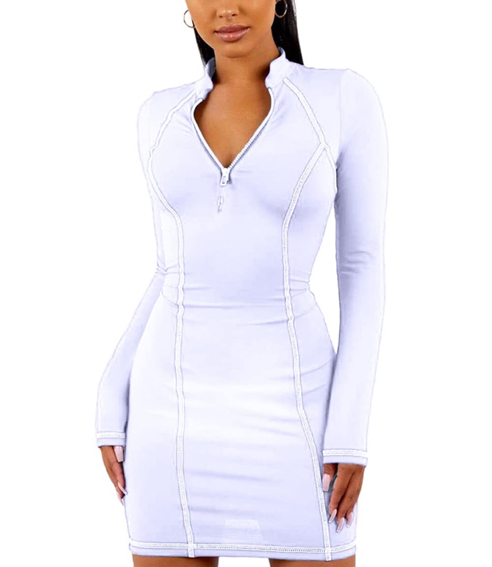 BYDIVA Women's Long Sleeve Bodycon Dress with Zipper - Slim Fit Mini Workout Dress with Thumb Holes - Perfect for Yoga, Gym & Running