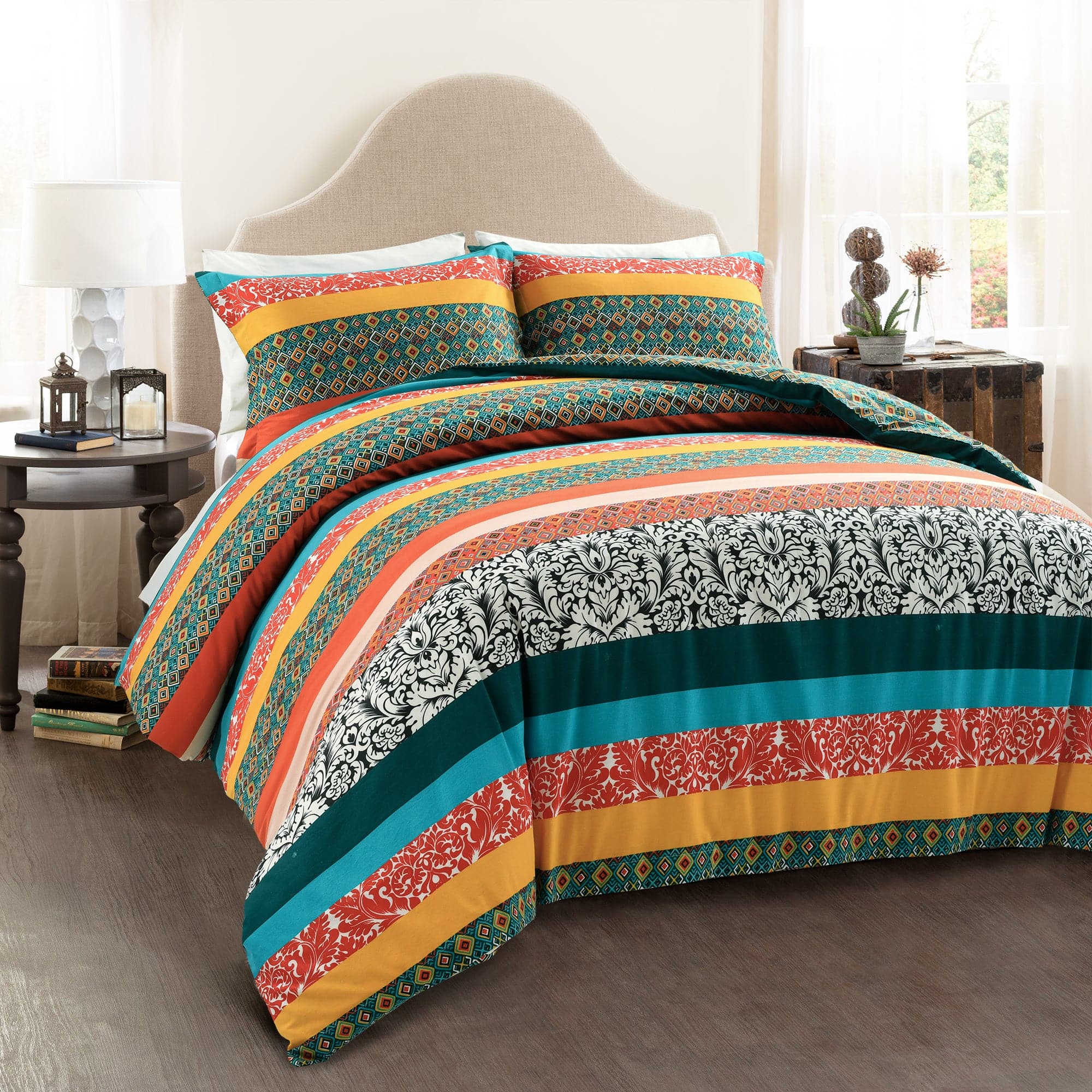 Boho Stripe Cotton Reversible Duvet Cover Set - Queen Size, Soft Breathable Bedding with Piping - Perfect for Bohemian Bedroom Decor & Guest Room Styling
