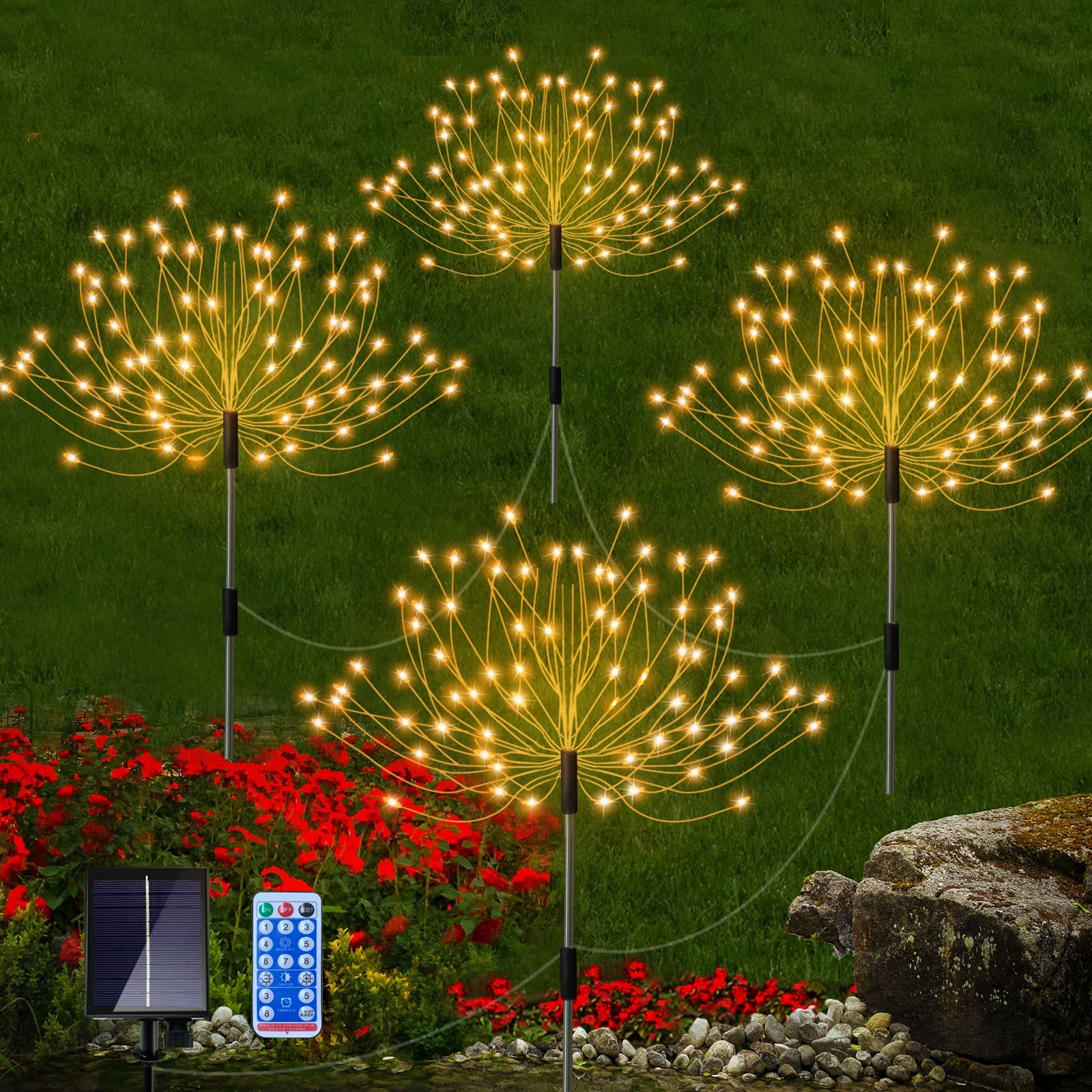 120 LED Solar Pathway Lights Outdoor 4 Pack - Waterproof IP65, 8 Lighting Modes with Remote Control, DIY Firework Effect for Garden, Yard, Lawn (Warm White) | Perfect for Walkways, Driveways, Patio & Landscape Decoration
