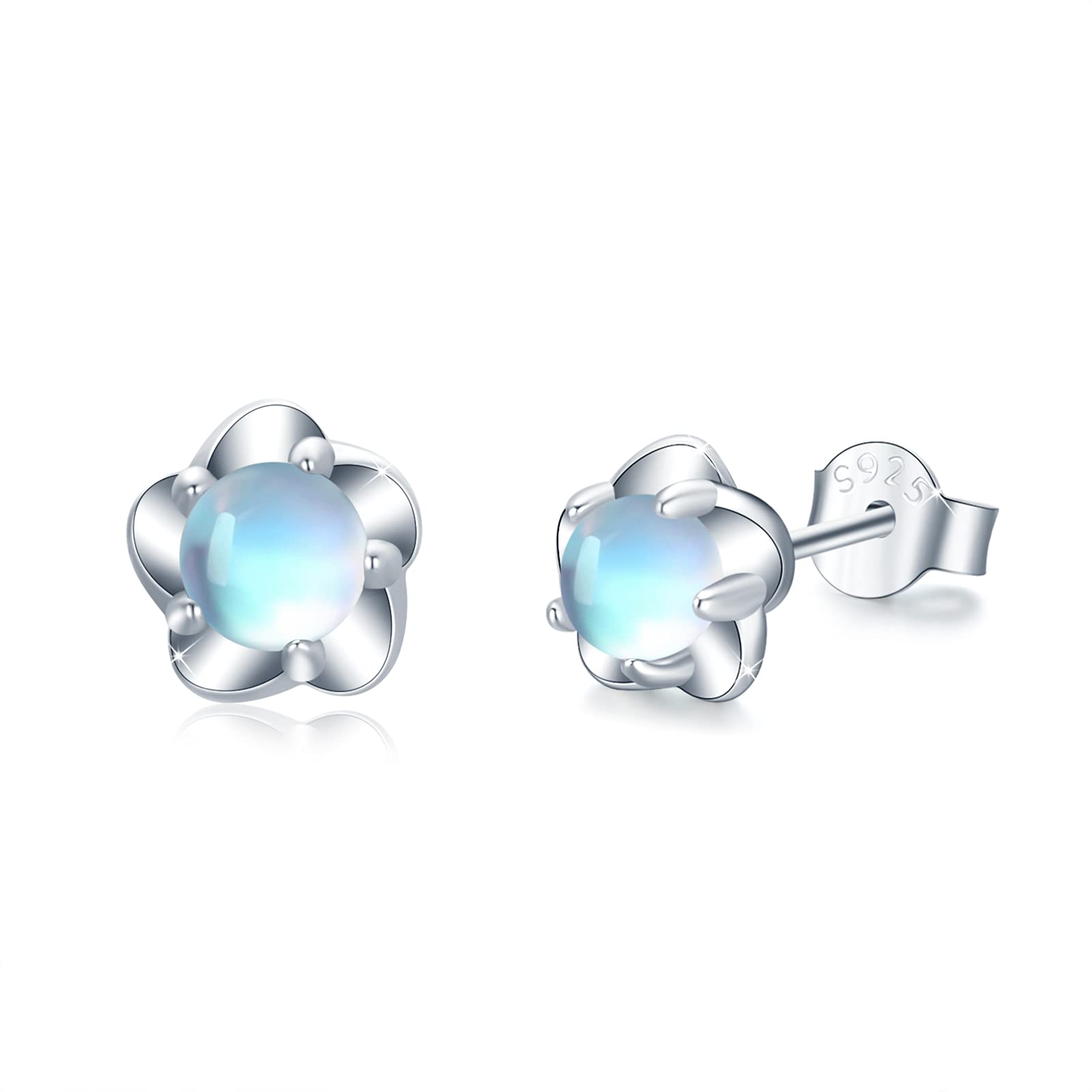 Hypoallergenic S925 Sterling Silver Moonstone Flower Stud Earrings for Women & Girls - Sensitive Ears Friendly Dainty Jewelry - Perfect for Weddings, Date Nights & Gift Giving