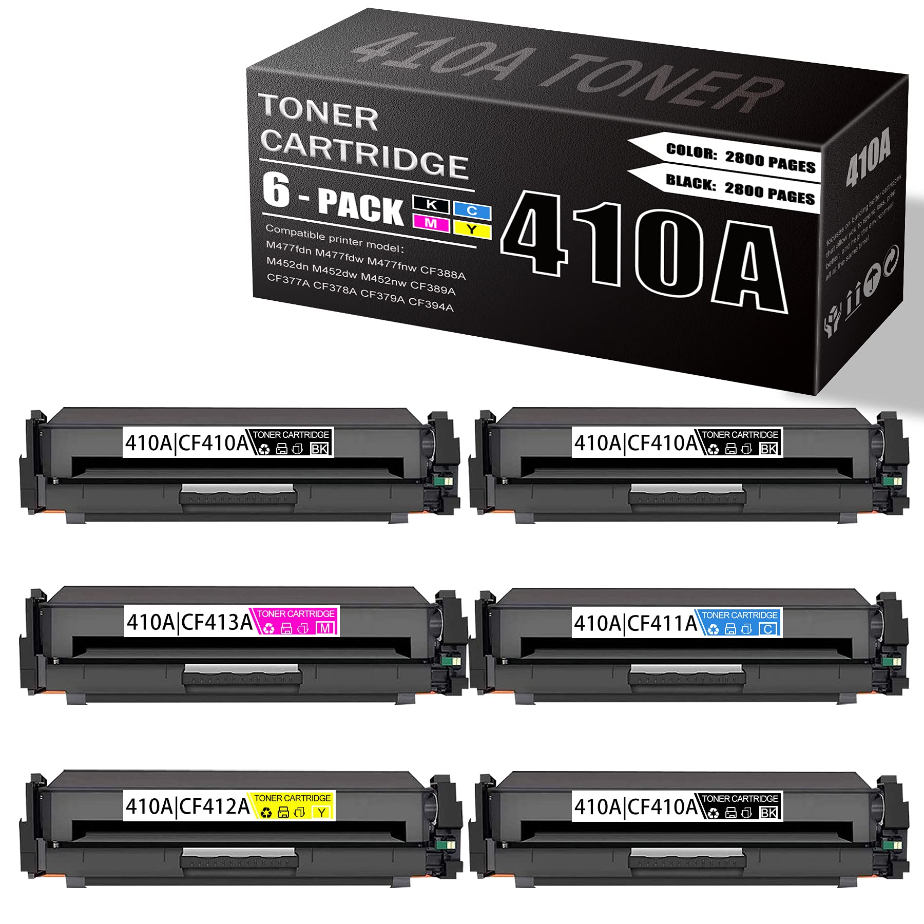 6-Pack (3BK+1C+1M+1Y) HP CF410A CF411A CF412A CF413A Compatible Toner Cartridges Replacement for HP M477fdn M477fdw M477fnw CF388A M452dn M452dw M452nw CF389A CF377A Printers - High-Quality Printing for Office Documents, Reports & Presentations