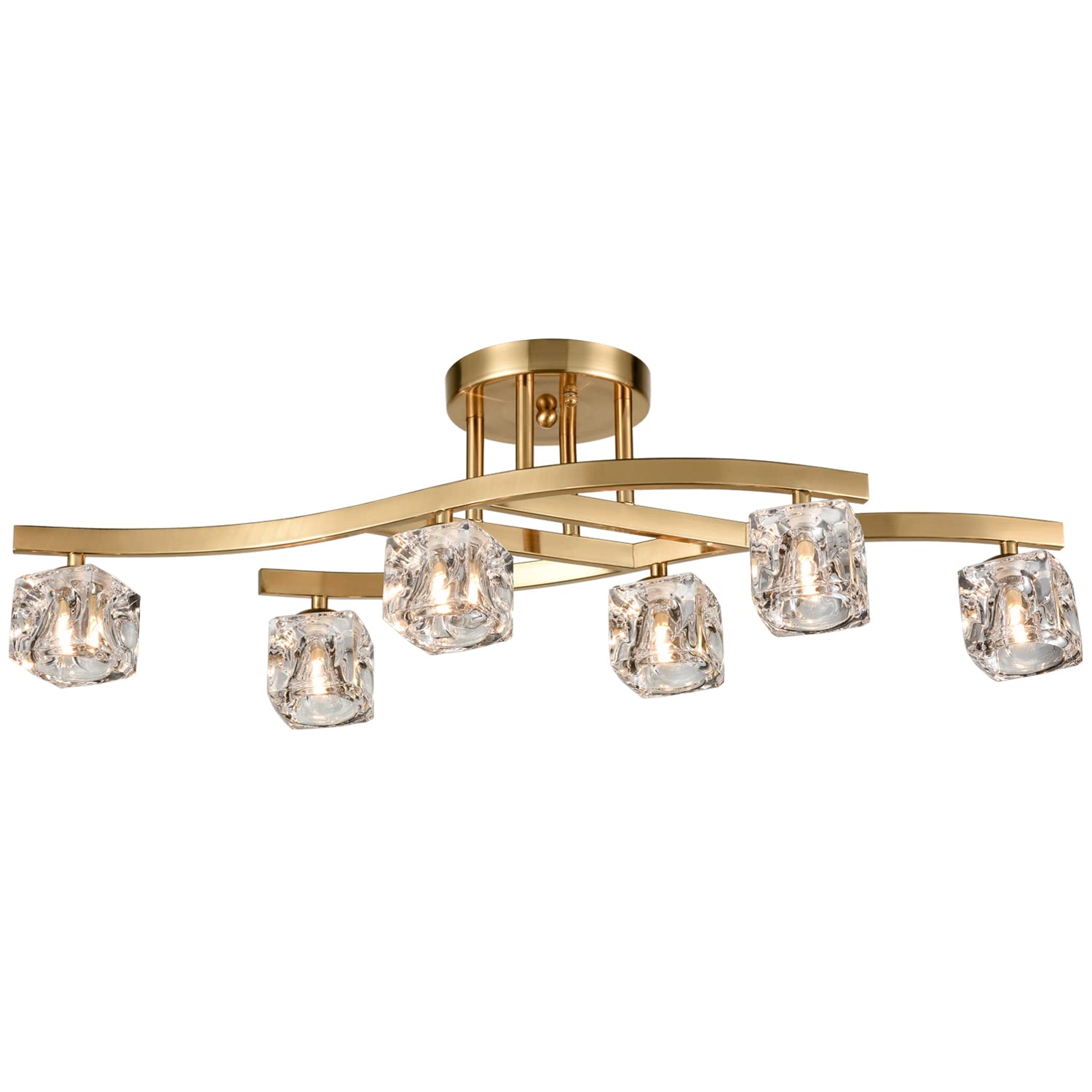 Modern Crystal Ceiling Light Fixture - Gold Chandelier with Glass Ice Cube Design, 6-Light Dining Room Lighting for Home Decor | Perfect for Living Room, Bedroom & Entryway