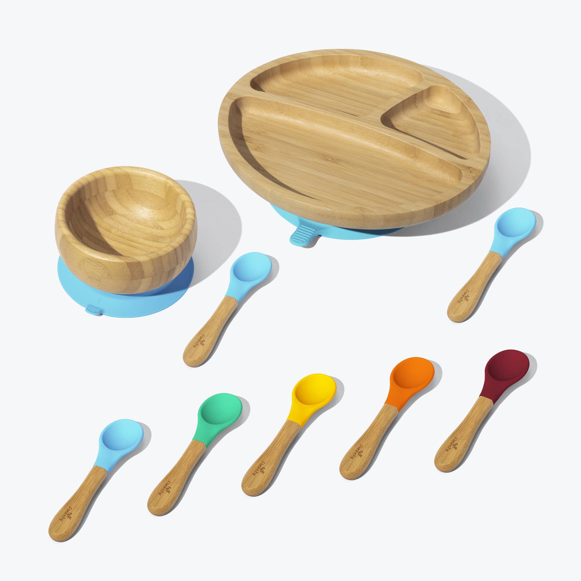 Avanchy Rainbow Toddler Feeding Set - Divided Plate, Bowl & 7 Spoons (Blue) | BPA-Free Baby Dishware for Self-Feeding | Perfect for Home, Daycare & Travel Use