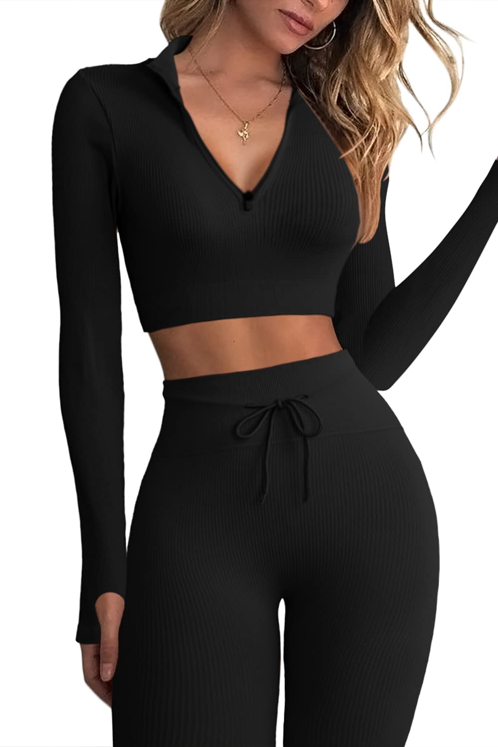 QINSEN Women's 2-Piece Seamless Workout Set - Long Sleeve Crop Top & Ribbed High Waist Leggings | Yoga, Gym & Running Outfit