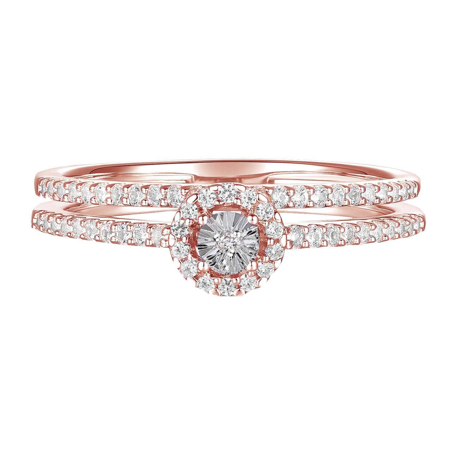 Diamond Double Band Ring for Women - 59 Natural Round Diamonds (1/4 cttw) in 14K Rose Gold/Sterling Silver - Elegant Wedding, Anniversary & Gift Jewelry