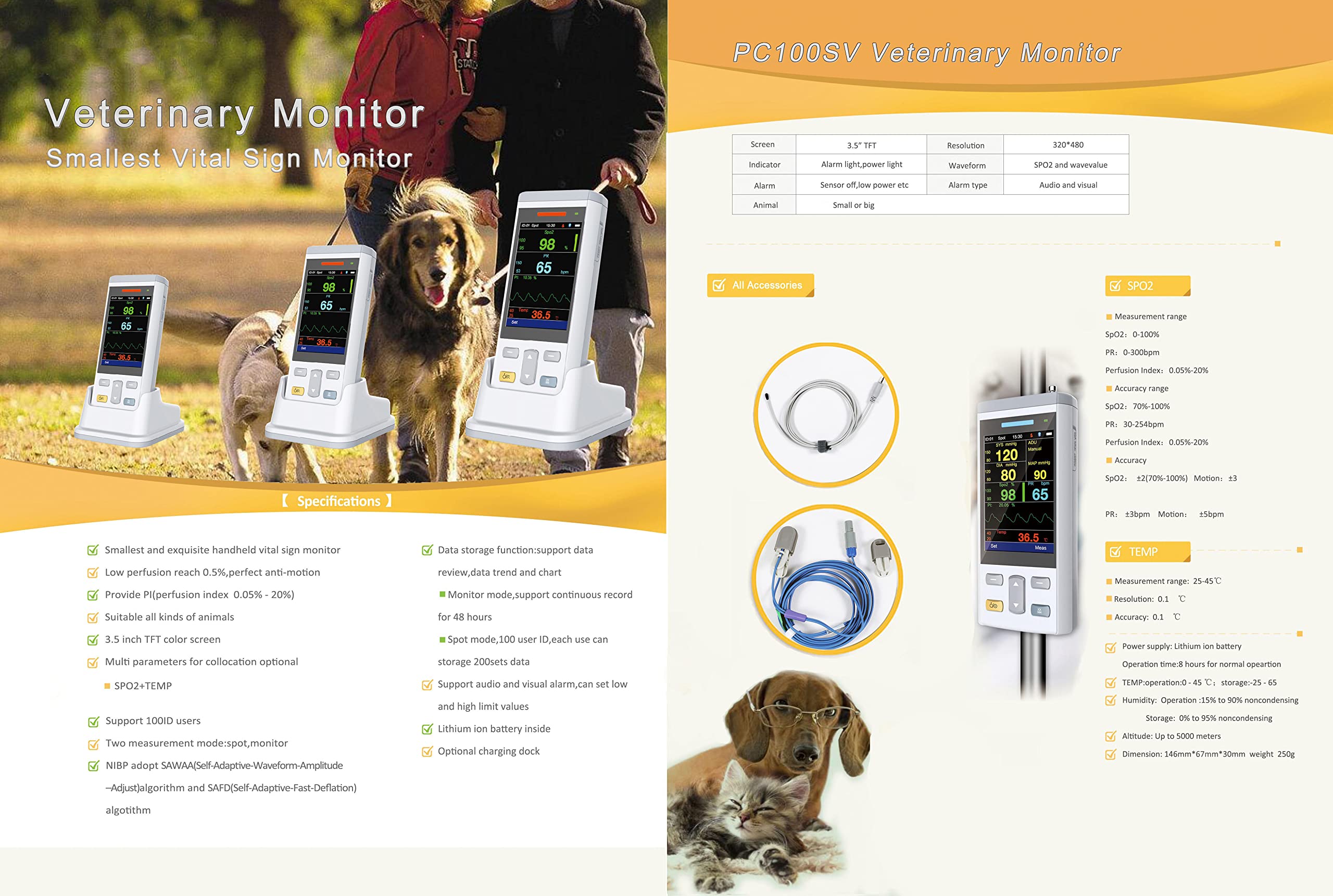 Veterinary Handheld Vital Sign Monitor - SPO2, Temperature & Heart Rate for Pets - Portable Device for Animal Health Monitoring in Clinics & Home Care