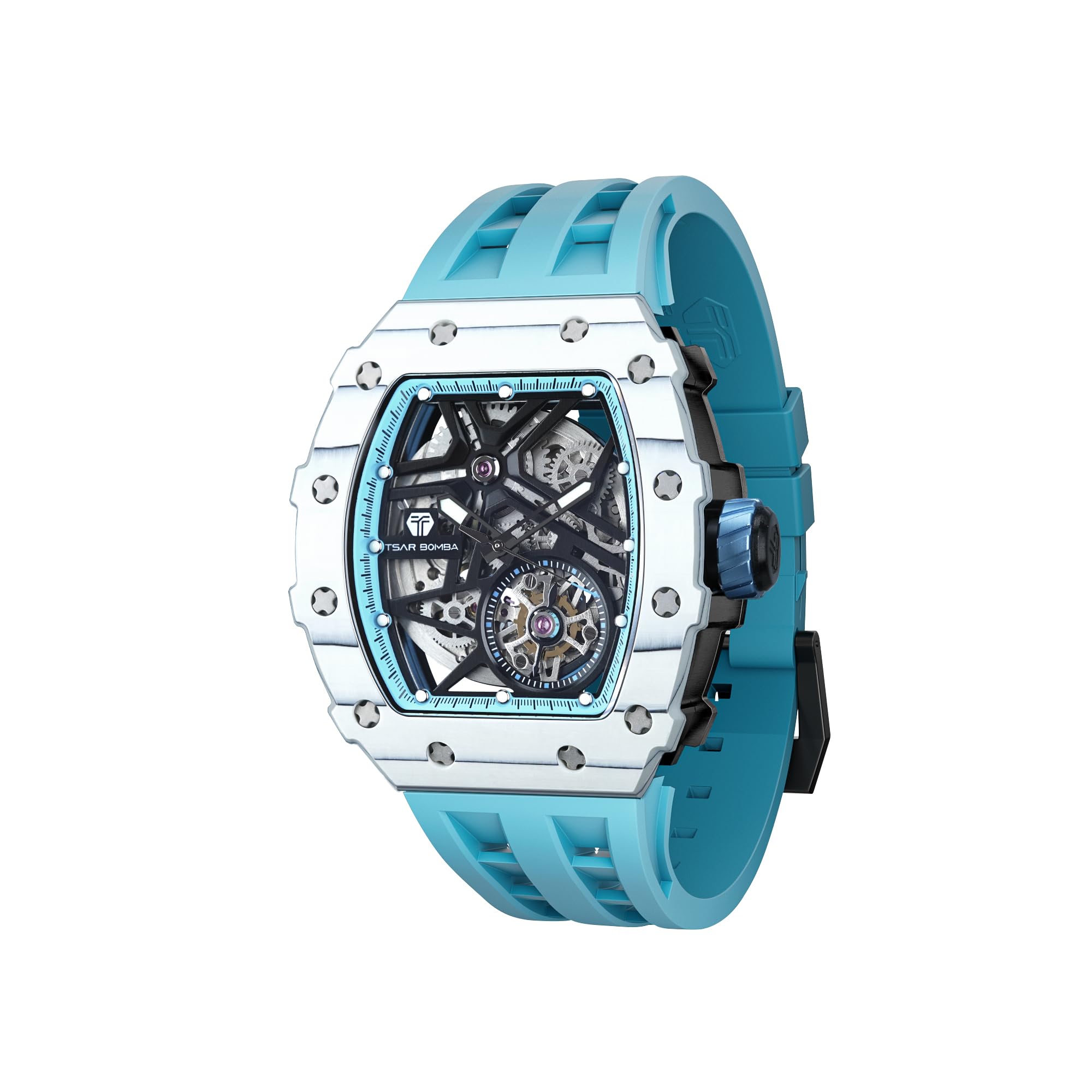 TSAR BOMBA Men's Luxury Automatic Skeleton Watch - Silver Square Big Face with Silicone Strap, 50M Waterproof Analog Watch for Business & Casual Wear - Perfect for Office, Dating and Special Occasions
