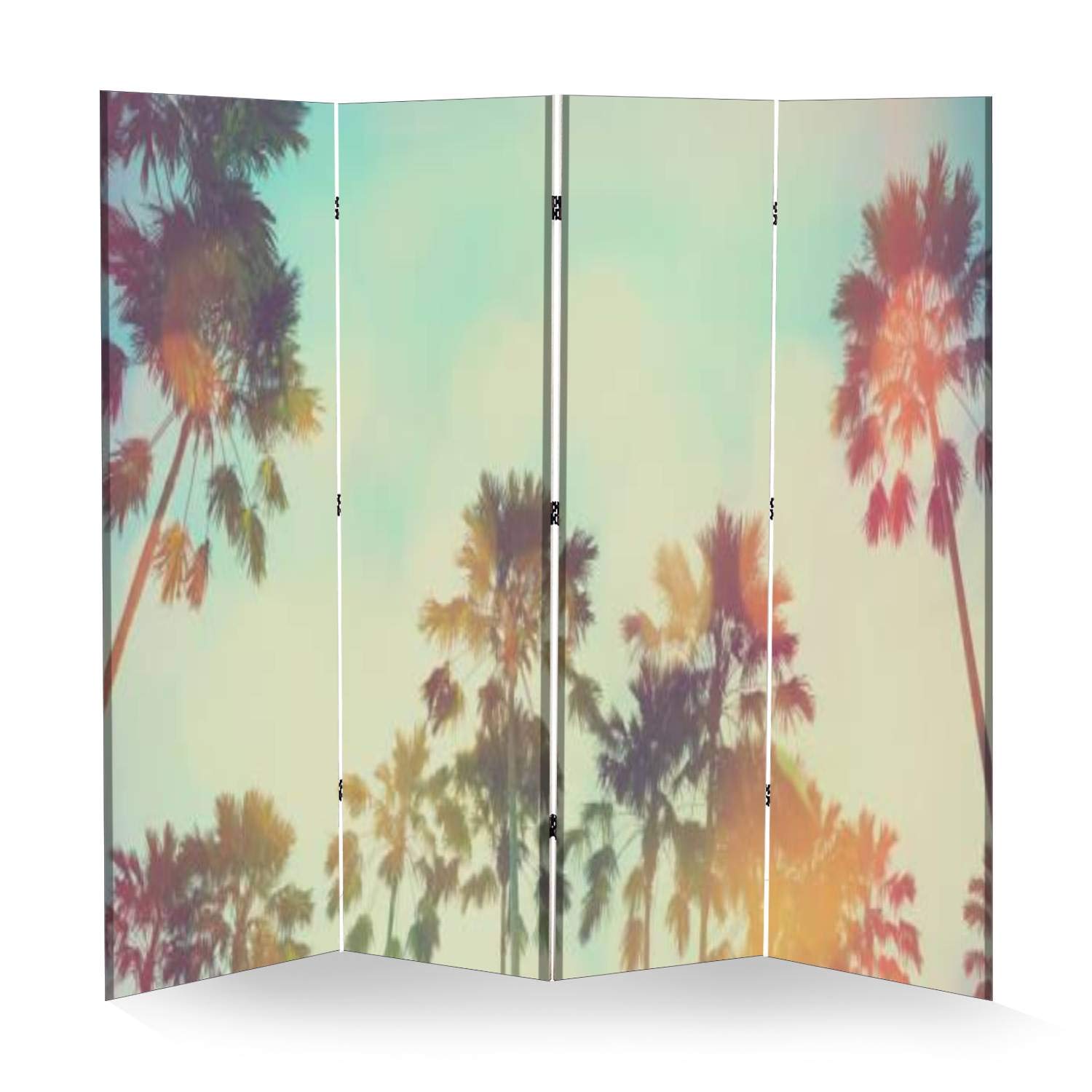 APED DECOR Wood Screen Room Divider - 4 Panel Folding Privacy Partition with Palm Tree Canvas Design, Dual-Sided Indoor Wall Divider & Display Shelf | Perfect for Home Office, Living Room, Bedroom, and Studio Decor