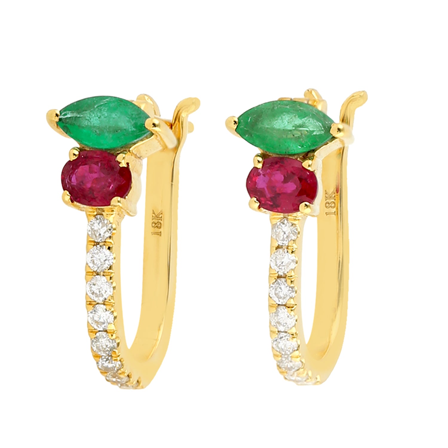 Exquisite Marquise Cut Emerald & Oval Cut Ruby Pave Diamond Hoop Earrings in 14K Yellow Gold | Elegant Dangle Earrings for Women, Perfect for Weddings, Parties & Special Occasions