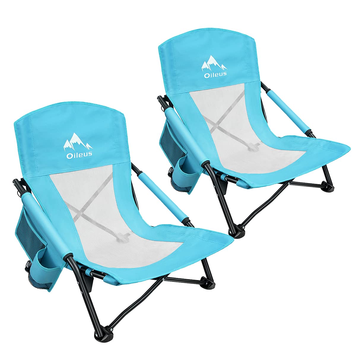 Oileus Ultralight Folding Beach Chair - Portable Low Profile Recliner with Cup Holder & Storage Bag for Camping, Beach, Backpacking & Outdoor Adventures - Compact Design with Breeze Mesh Back (2-Pack) - Perfect for Relaxing at the Shore, Picnics, and Backyard Lounging