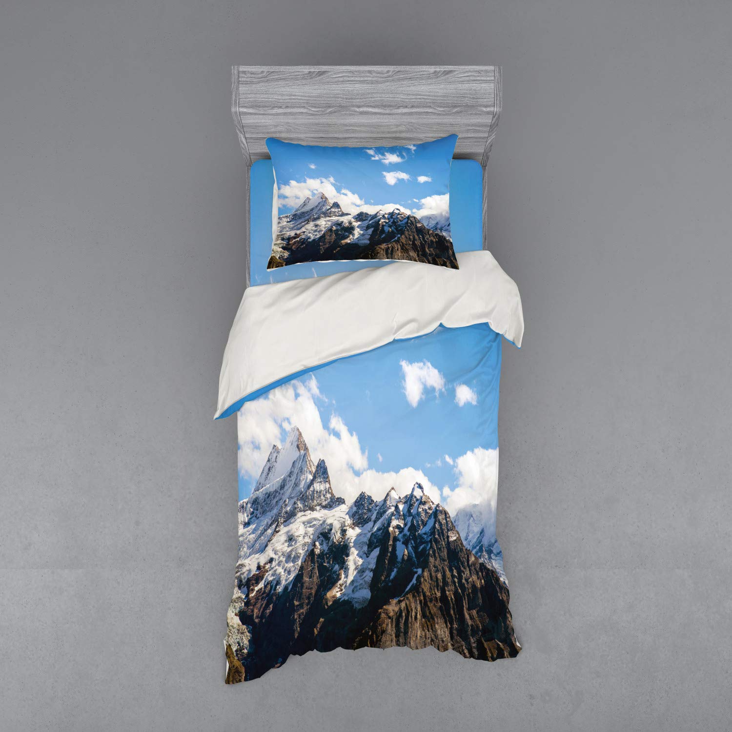 Ambesonne Mountain Bedding Set - Snowy Mountain Scenery with Cloudy Sky Natural Beauty Pattern, 3-Piece Duvet Cover Set with Sham & Fitted Sheet, Twin Size in White Blue Brown - Perfect for Cozy Cabins, Rustic Bedrooms & Nature-Inspired Home Decor
